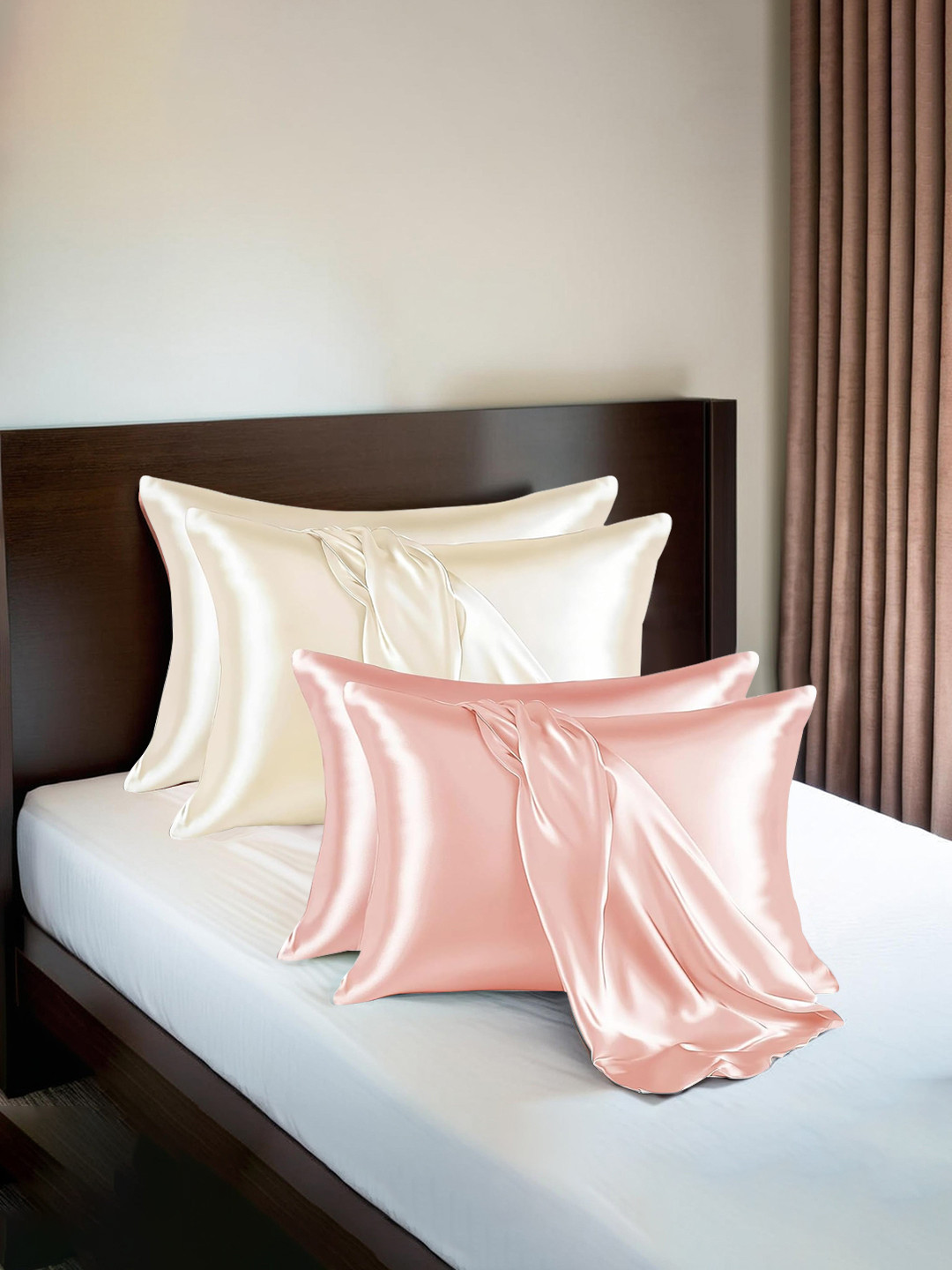 Kuber Industries Pink & Cream-Coloured 4 Pieces Silk Rectangle Pillow Cover & 3 Scrunchies