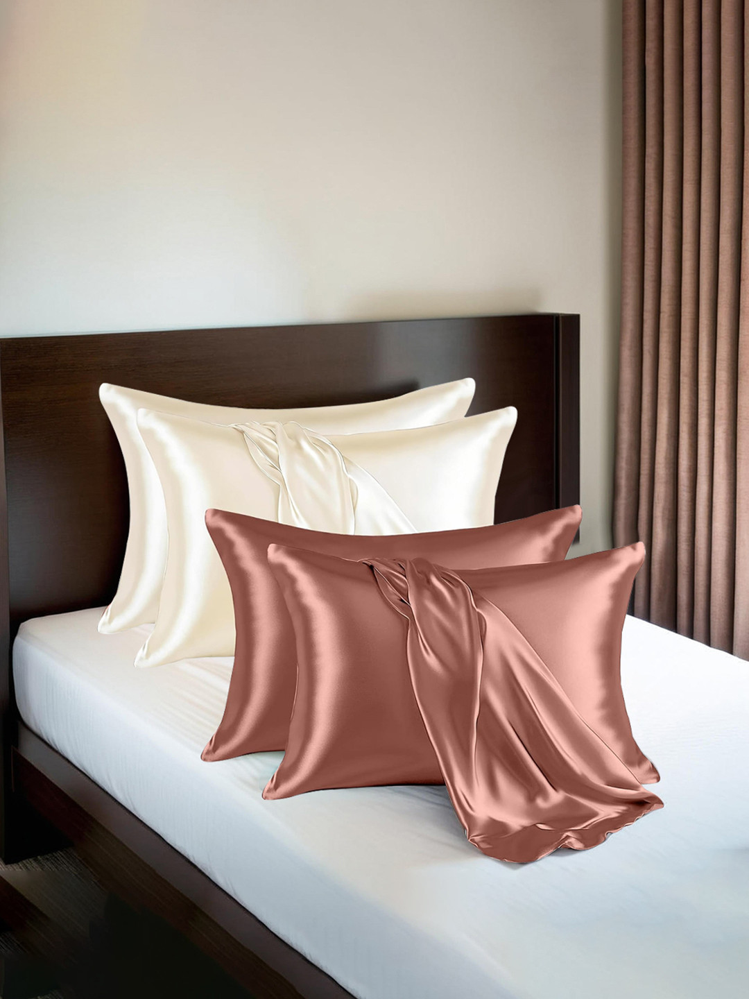 Kuber Industries Copper-Toned & Cream-Coloured 4 Pieces Satin Rectangle Pillow Covers