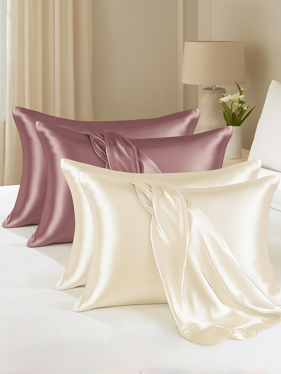 Kuber Industries Off White & Rose Coloured 4 Pieces Soft Satin Rectangle Pillow Covers