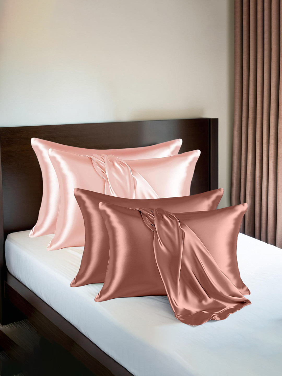 Kuber Industries Copper-Toned & Pink 4 Pieces Satin Rectangle Shaped Pillow Covers