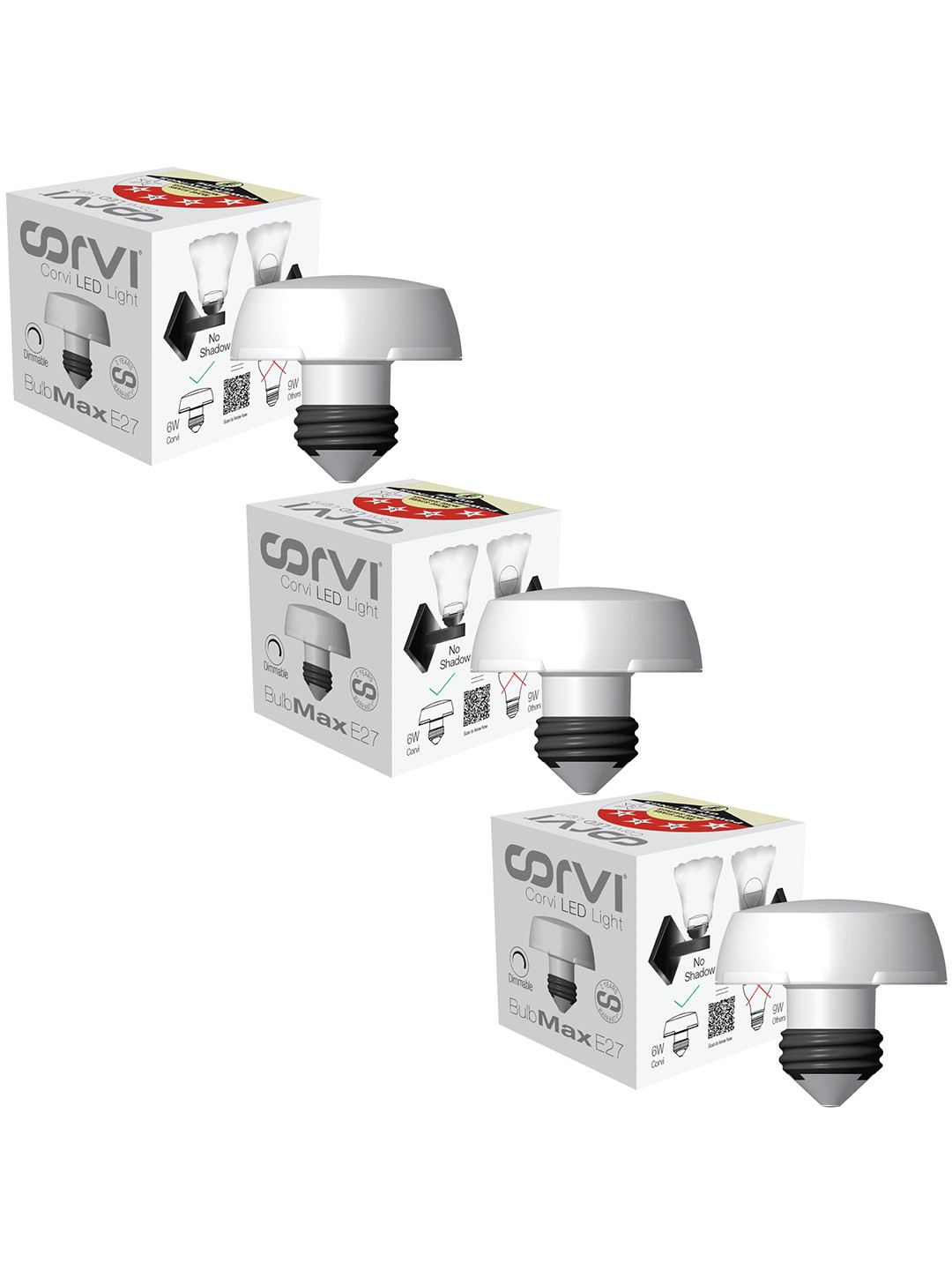 CORVI White 3 Pieces 6 Watts power E27 Base Compact Non-Protruding Dimmable Light Bulbs