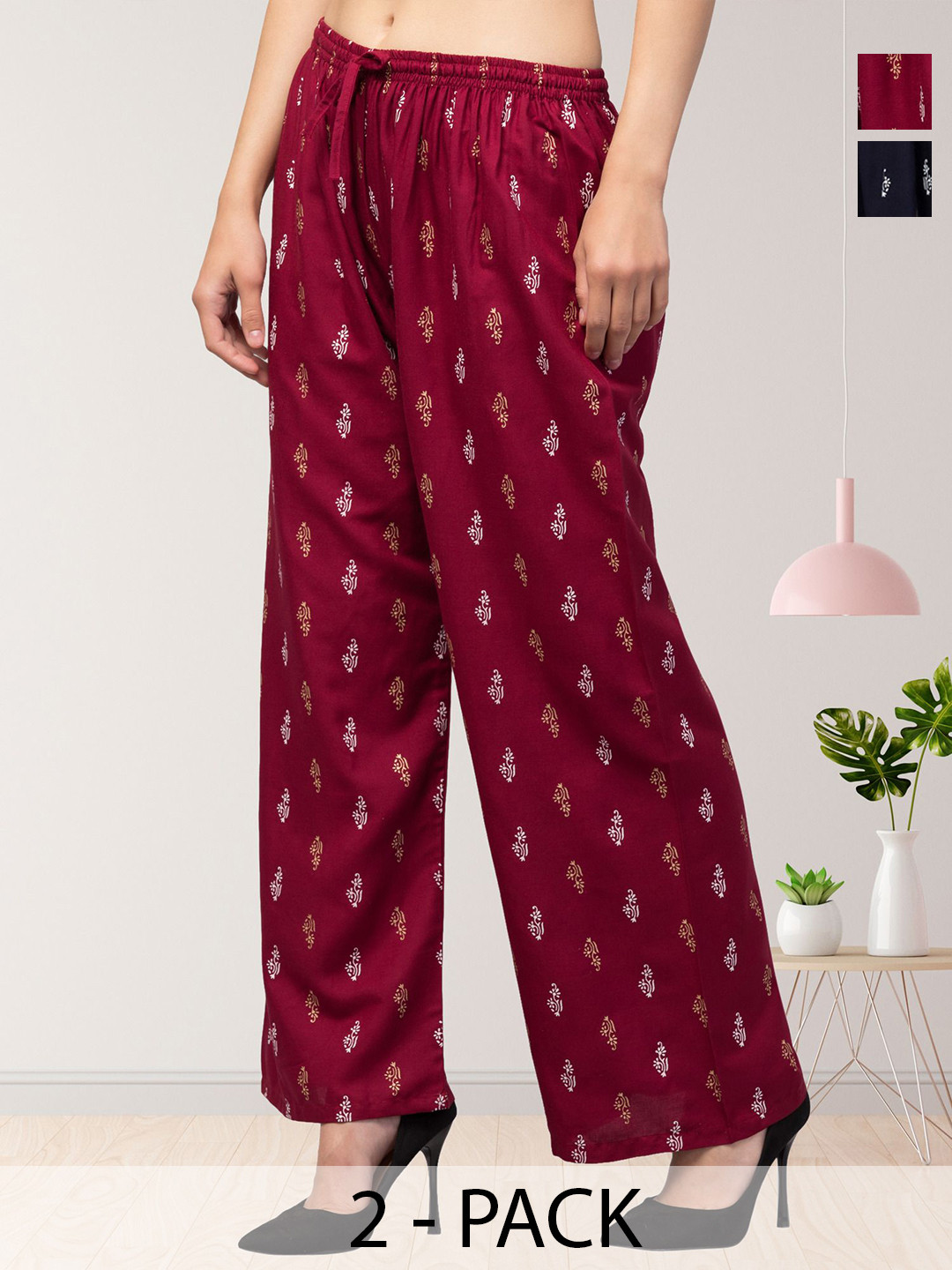 FAMBEE Women 2 Floral Embroidered Flared Knitted Palazzos