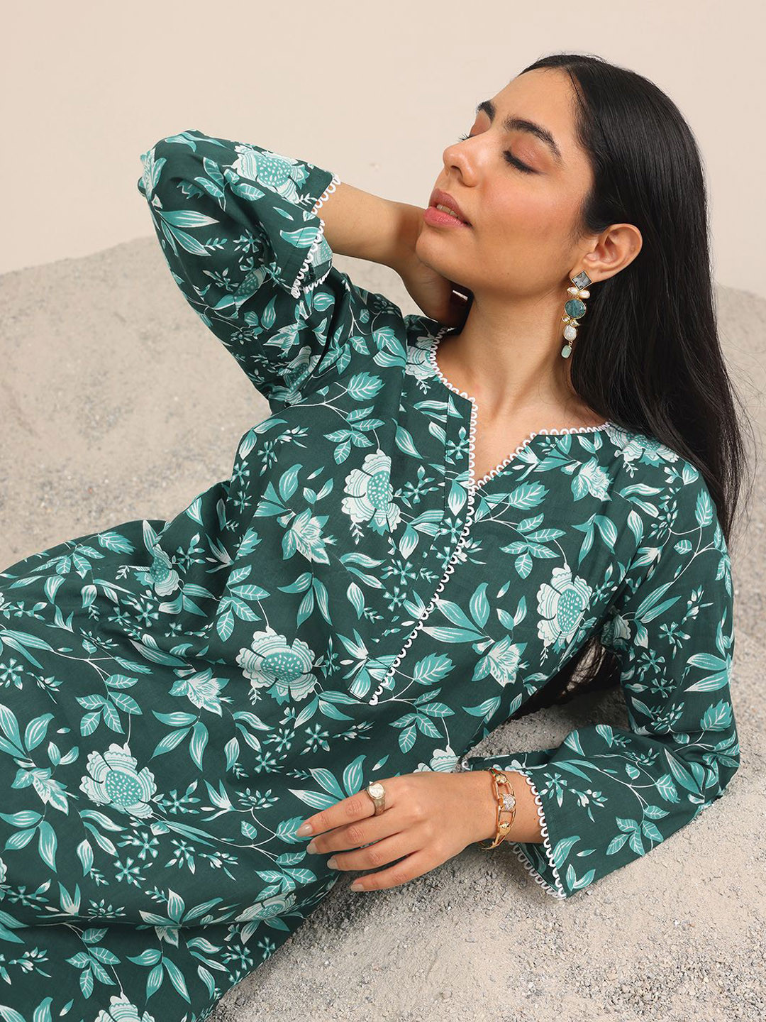 Libas Floral Printed Notch Neck Straight Short Kurta With Salwar