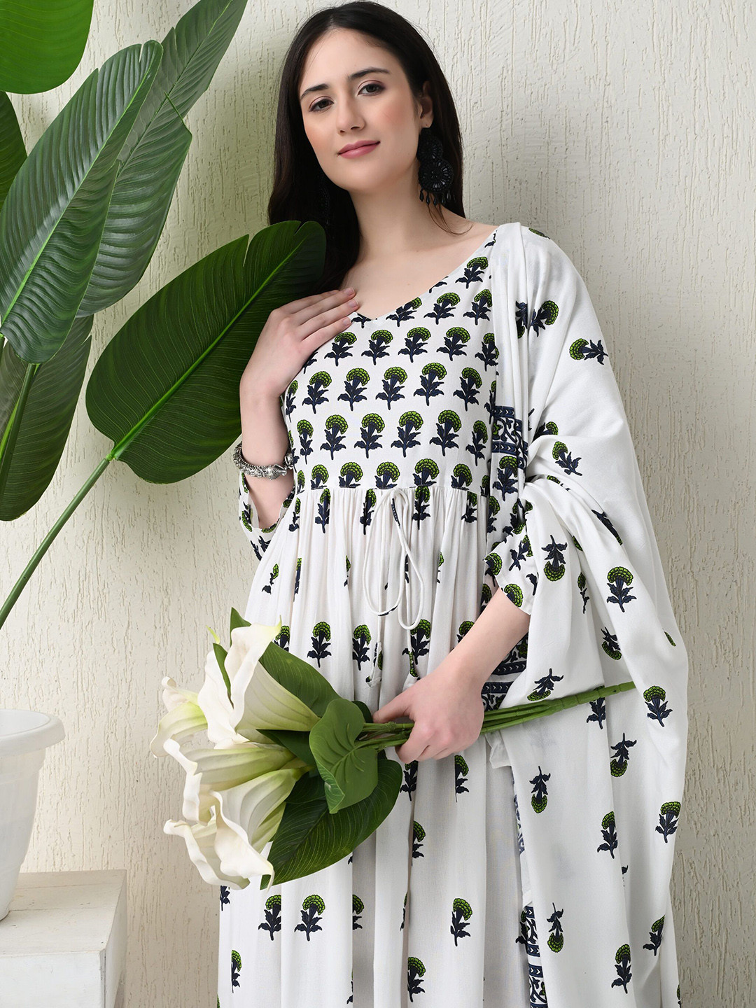 ao services Floral Printed V-Neck Fit & Flare Midi Ethnic Dress With Dupatta