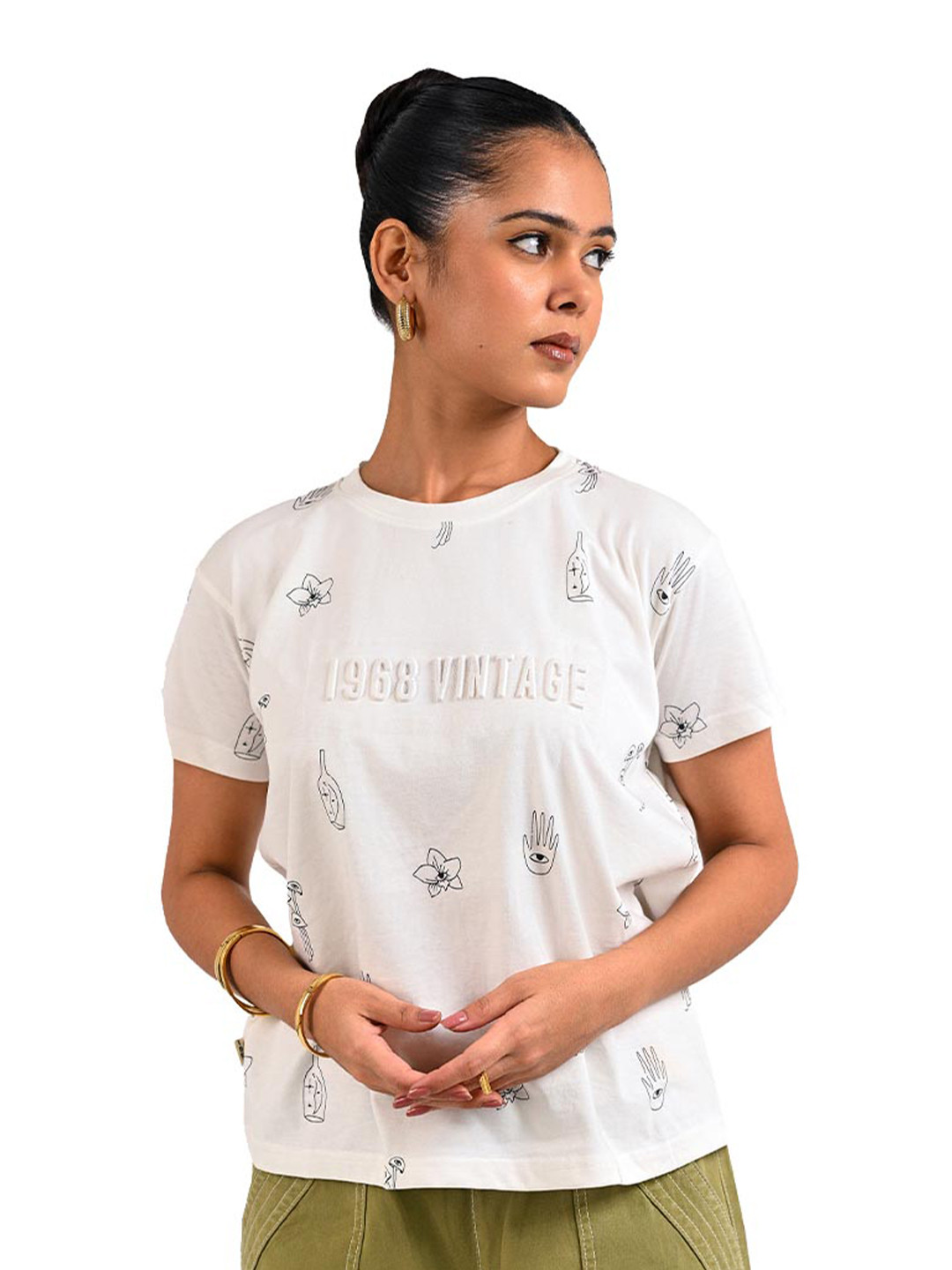 1968 Vintage Jeans Women Conversational Printed Round Neck Cotton T-shirt