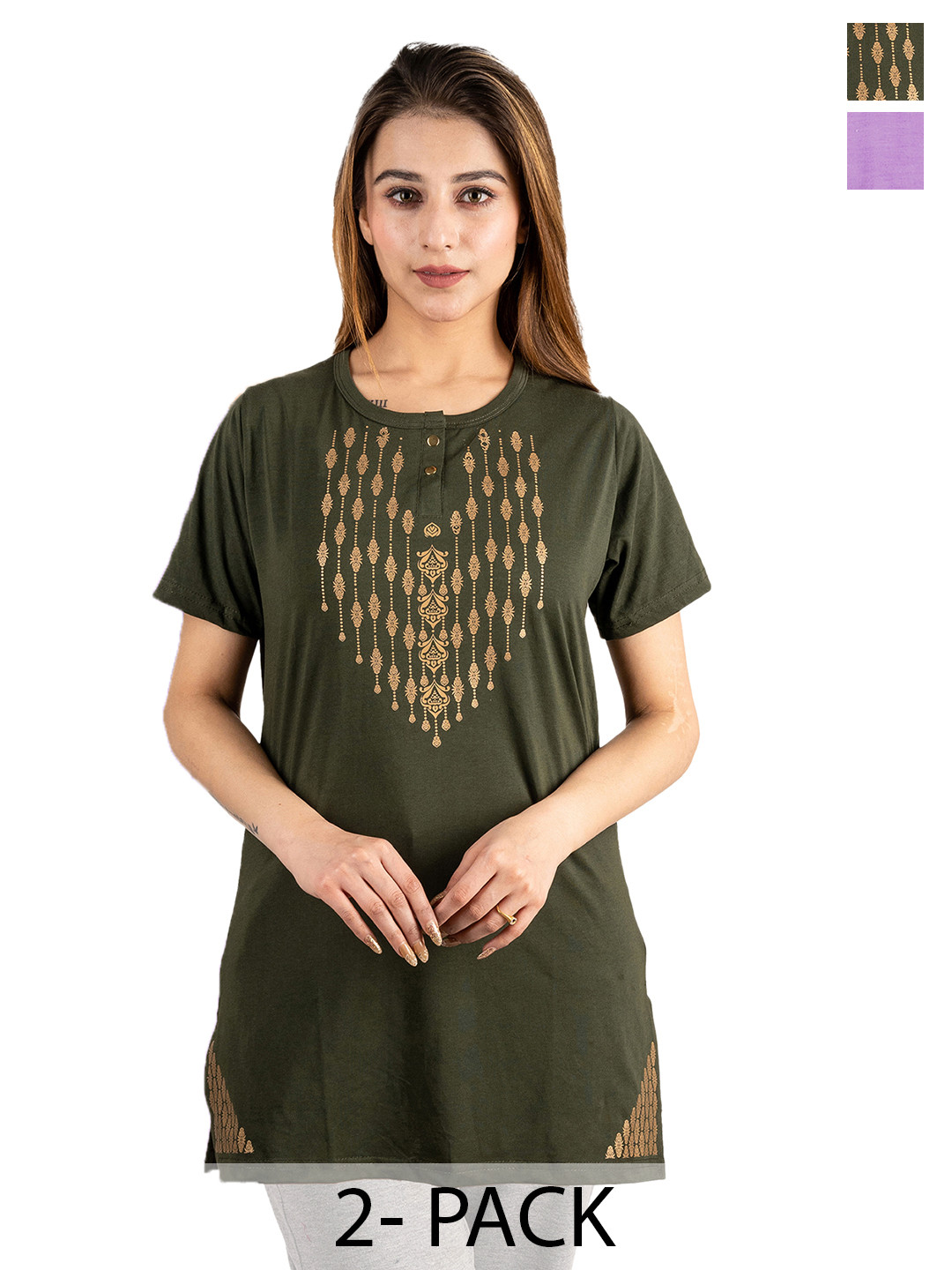 URBE-URBAN EVOLUTION Women Pack Of 2 Floral Printed Longline Cotton T-shirts