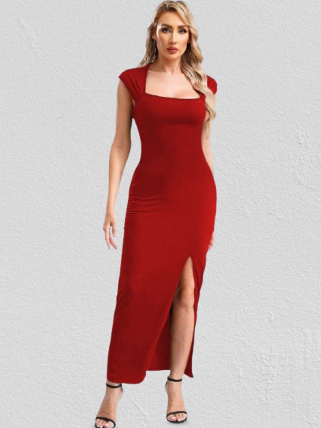 CLAFOUTIS Square Neck Cap Sleeves Crepe Bodycon Maxi Dress With Cut-Outs