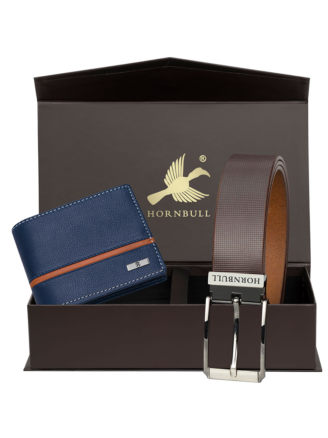 Hornbull Denial Leather RFID Protected Blue Wallet & Brown Belt Accessory Gift Set