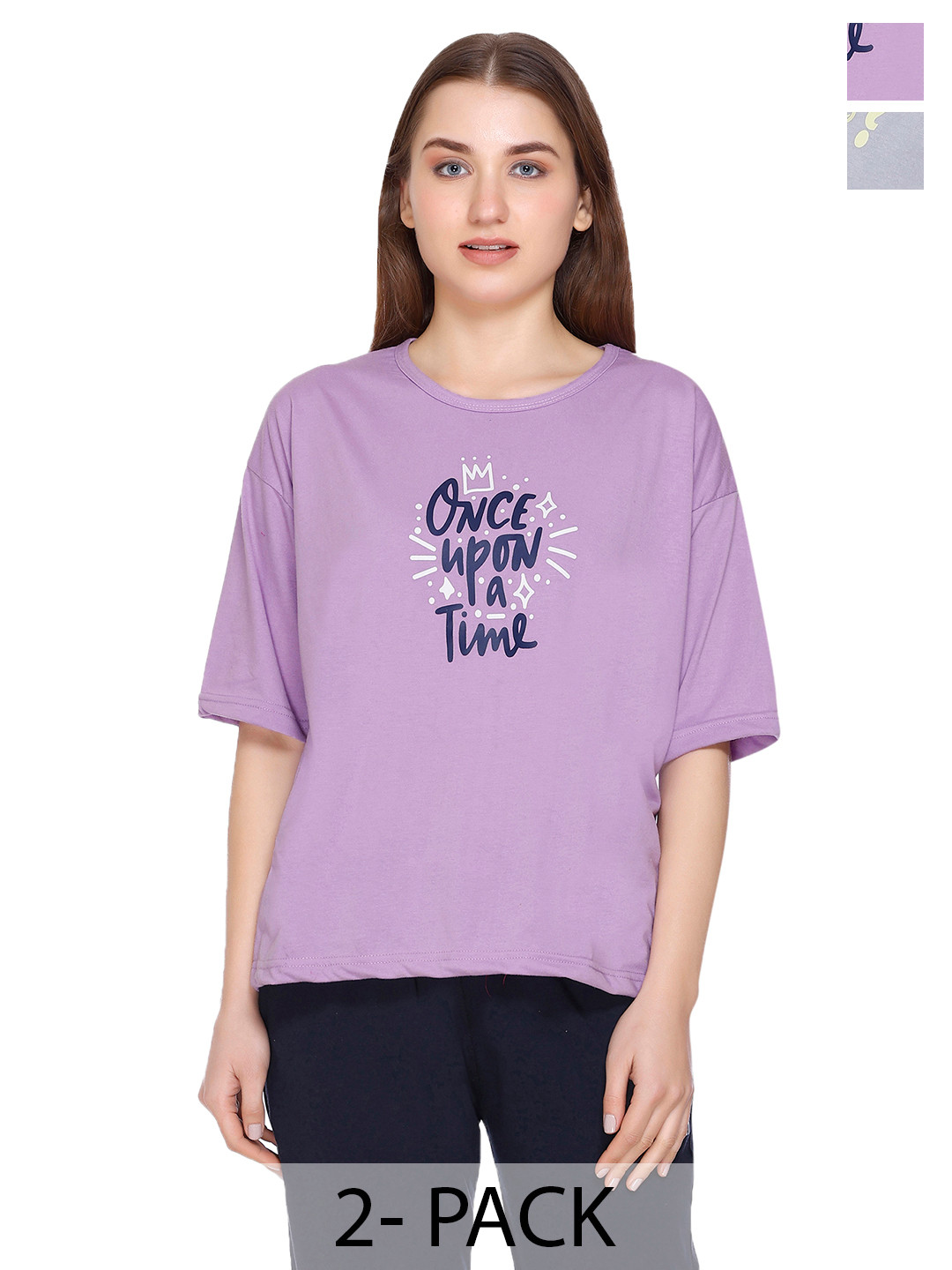 URBE-URBAN EVOLUTION Women Pack Of 2 Typography Printed Relaxed Fit Cotton T-shirts