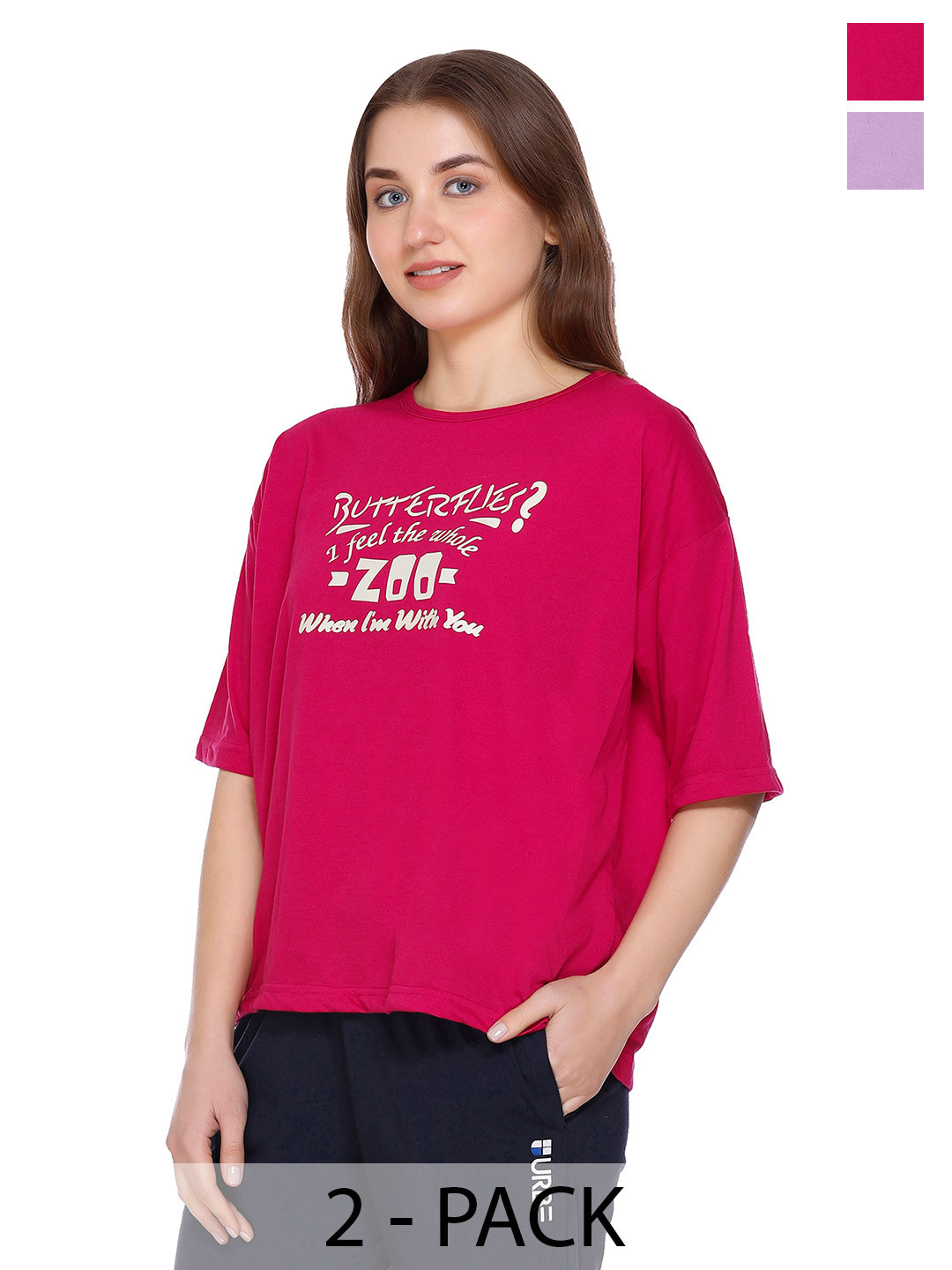 URBE-URBAN EVOLUTION Women Pack Of 2 Typography Printed Relaxed Fit Cotton T-shirts