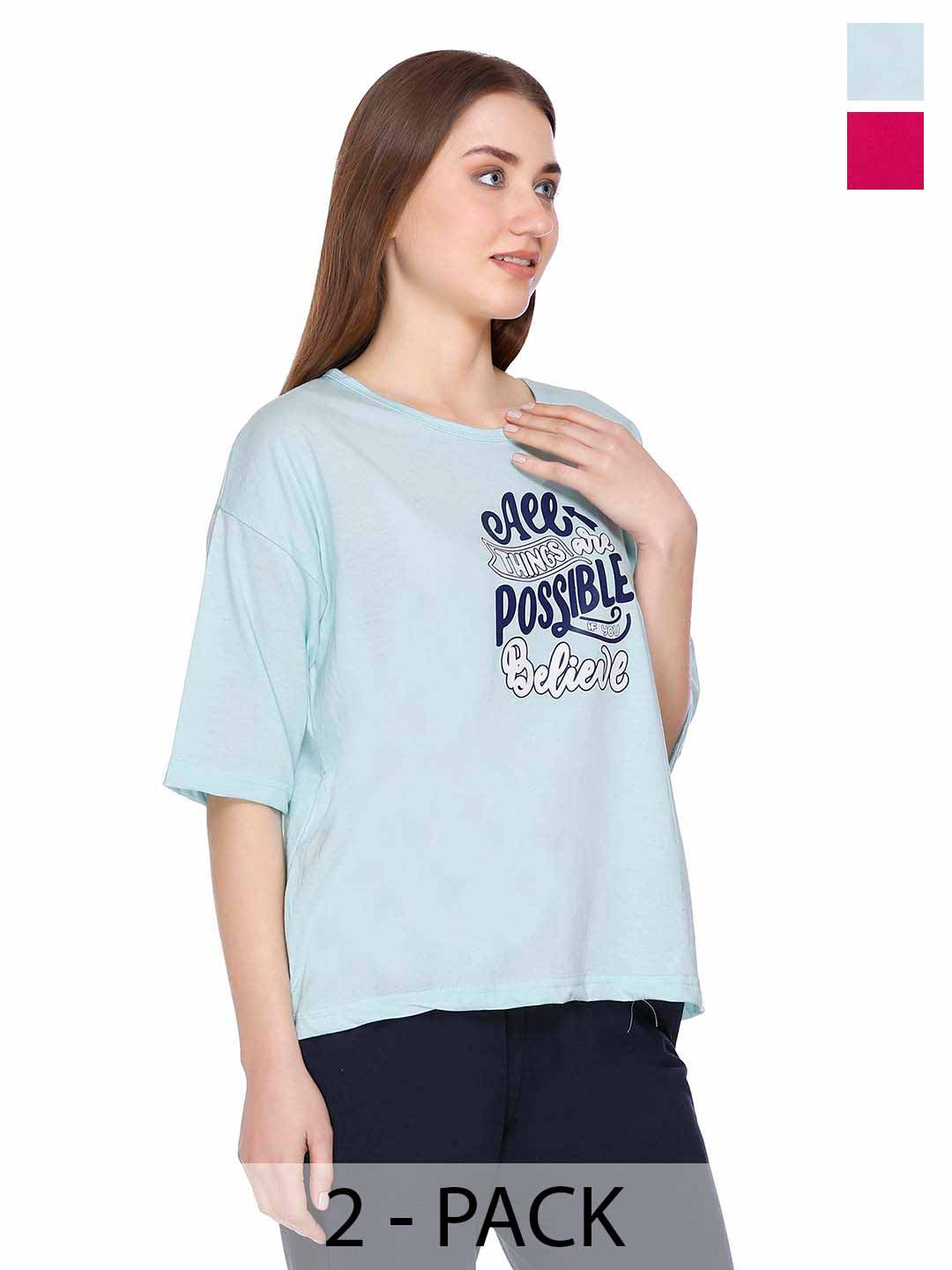 URBE-URBAN EVOLUTION Women Pack Of 2 Typography Printed Relaxed Fit Cotton T-shirts