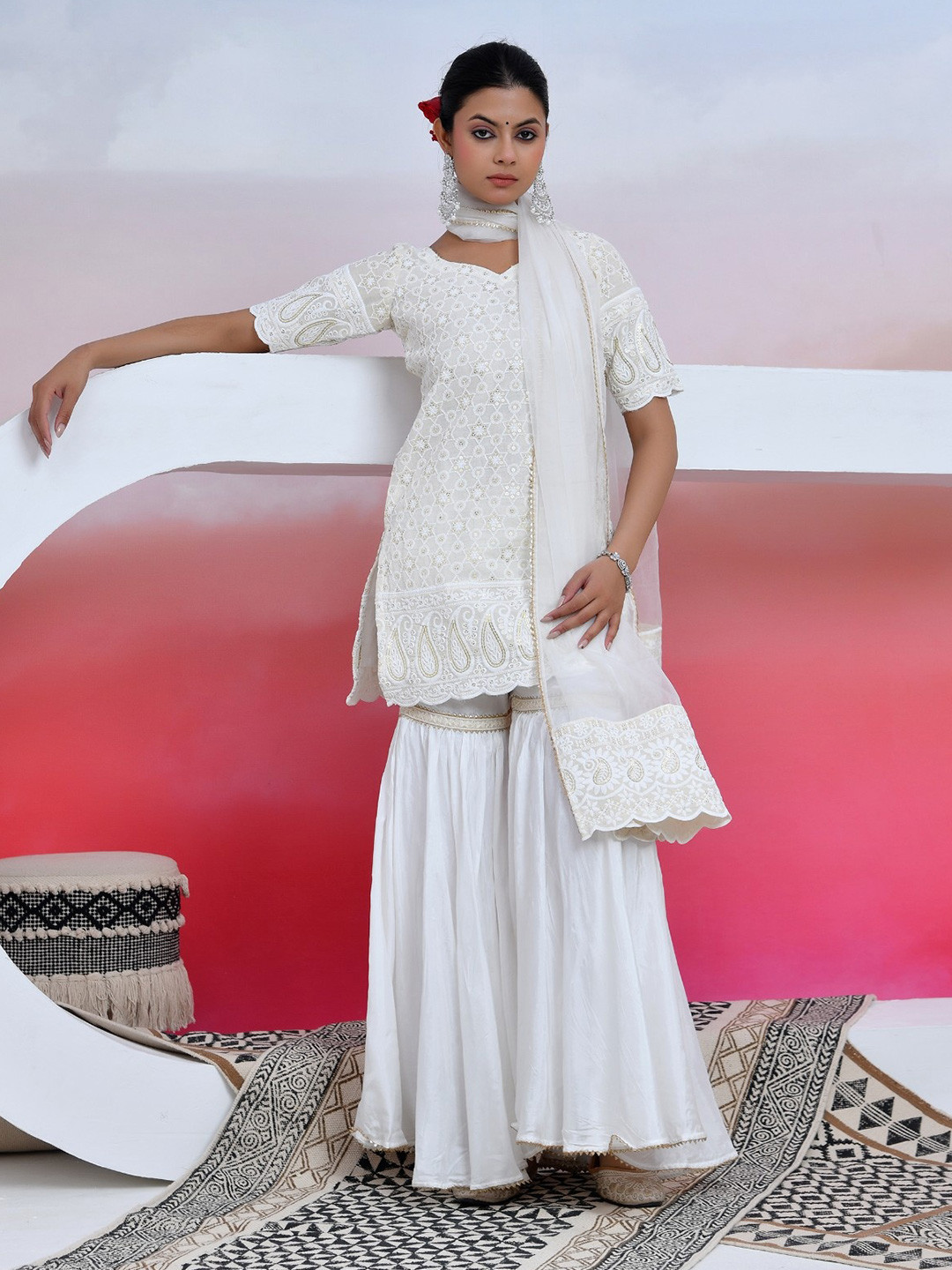 DRESENCE Floral Embroidered Chikankari Straight Kurti with Sharara & Dupatta