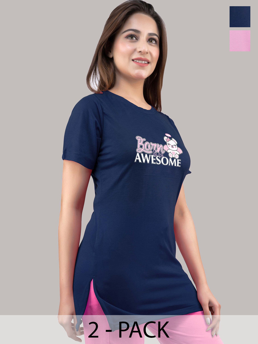 URBE-URBAN EVOLUTION Women Pack Of 2 Typography Printed Longline Cotton T-shirts