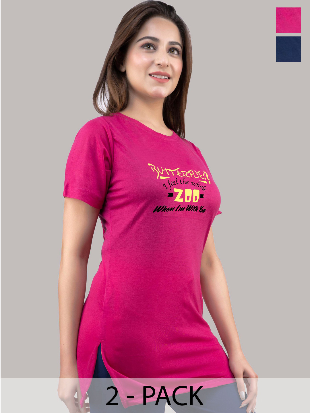 URBE-URBAN EVOLUTION Women Pack Of 2 Typography Printed Longline Cotton T-shirts