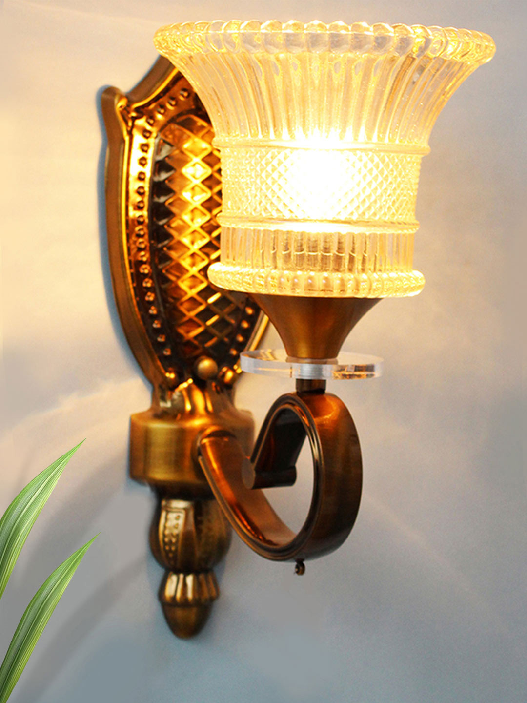 SHREE KALA HOME DECOR Brown & Transparent Textured Metal Frustum Shaped Wall Lamp