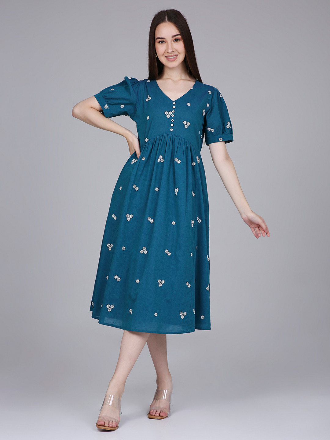 Saffron Threads Print Puff Sleeve A-Line Midi Dress