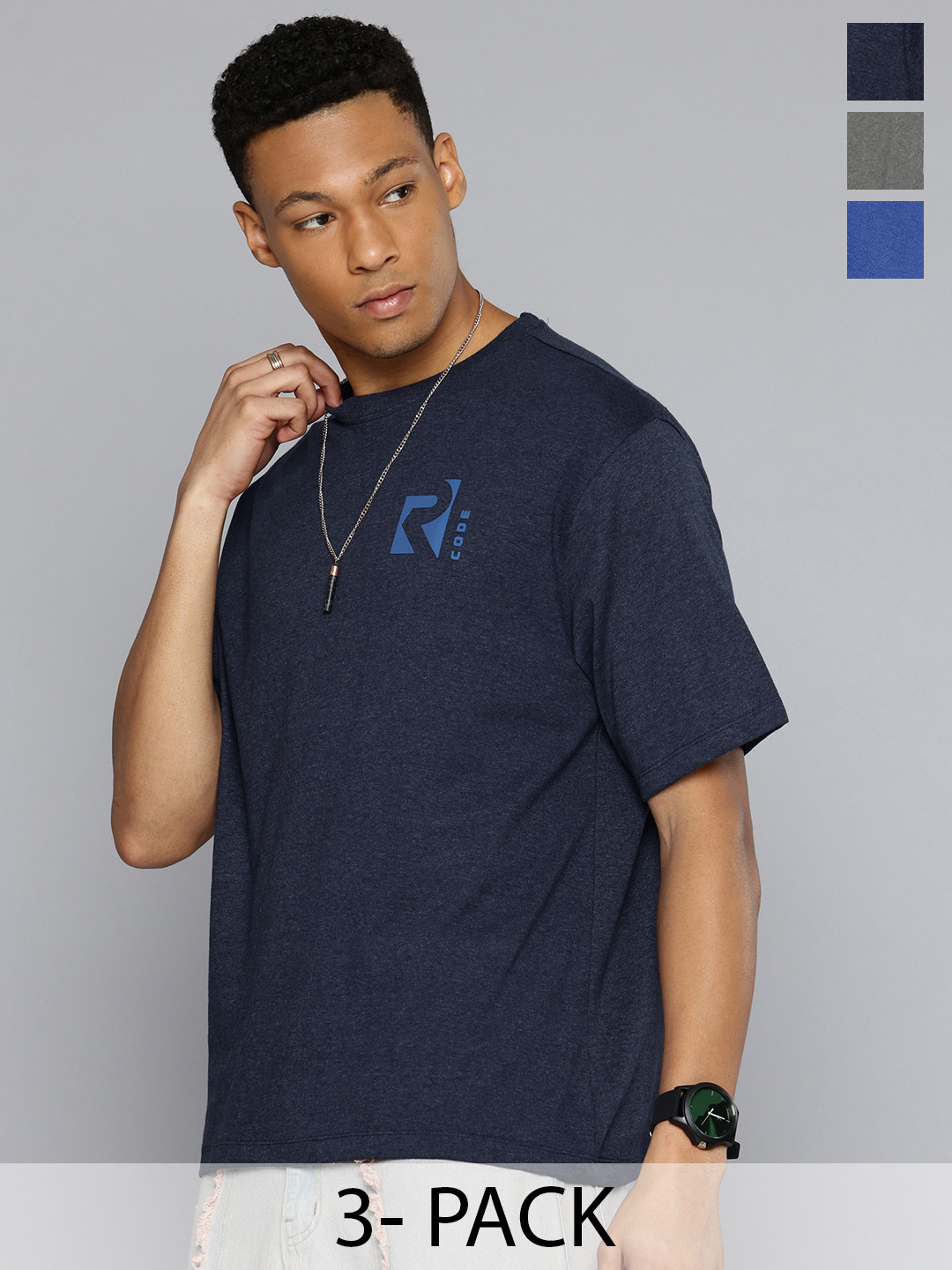 R.Code by The Roadster Lifestyle Co. Men Pack Of 3 Solid Cotton Relaxed Fit T-shirts
