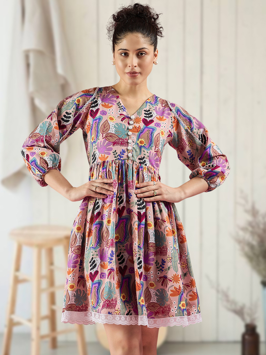 DressBerry Women Floral Printed Puff Sleeves Fit & Flare Dress
