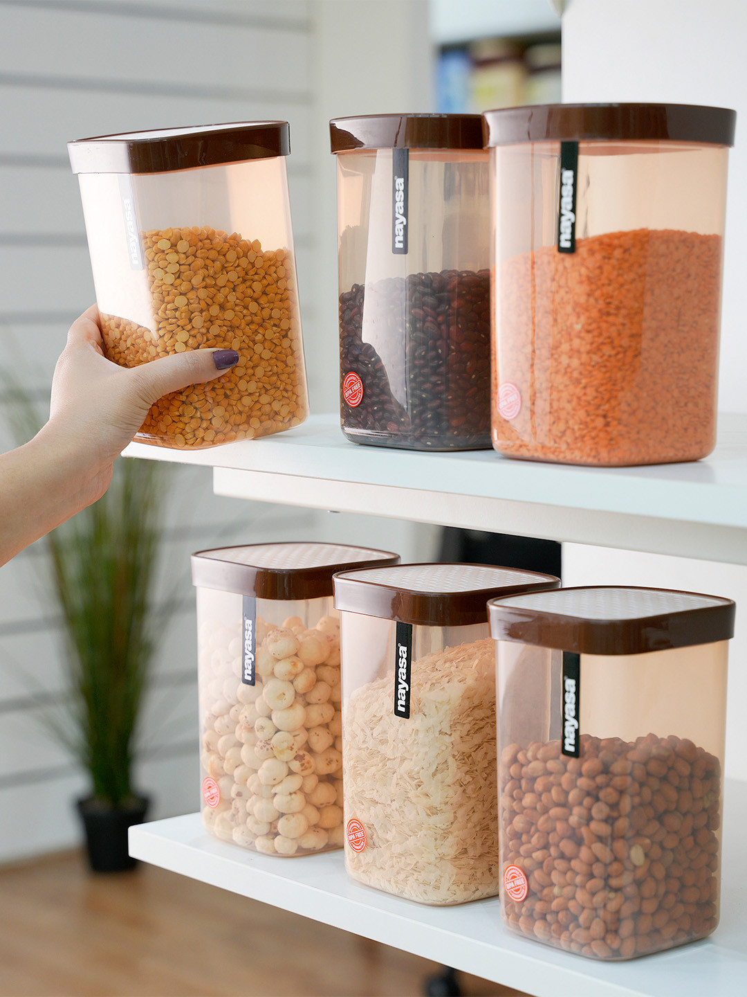 NayasaSet Of 6 Fusion Brown Solid Plastic Airtight Kitchen Storage Container Set 1500ml