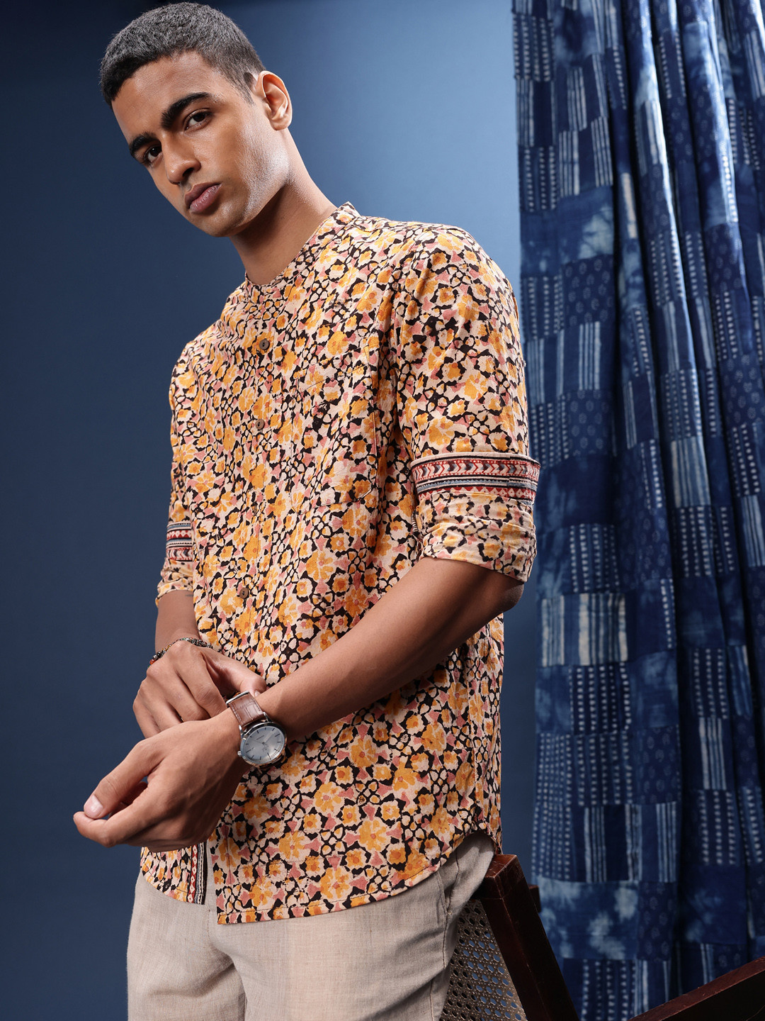 Taavi Pure Cotton indie-Floral Printed Band Collar Kalamkari Casual Shirt