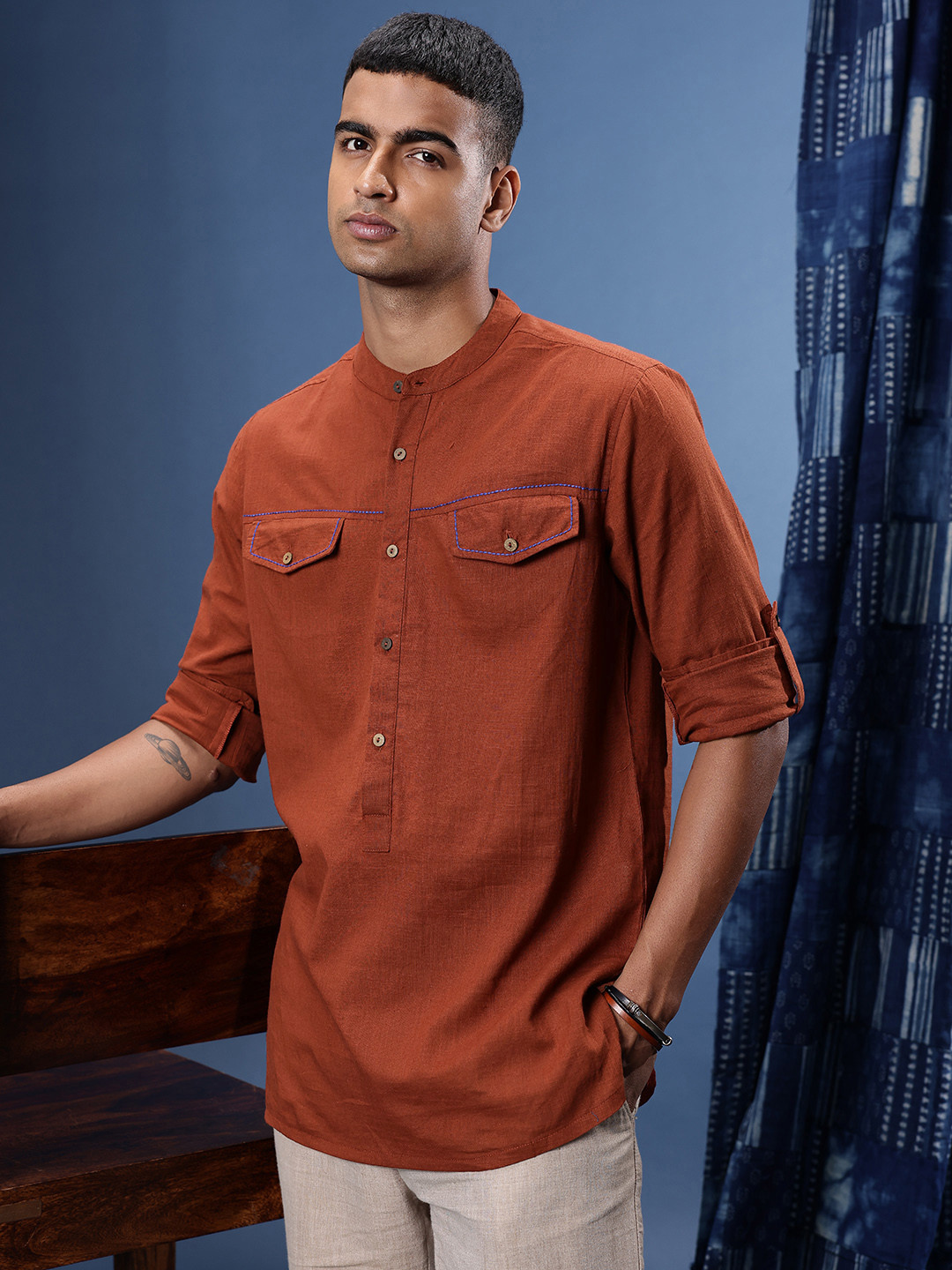 Taavi Pure Cotton Thread Work Roll-Up Sleeves Woven Legacy Kurta