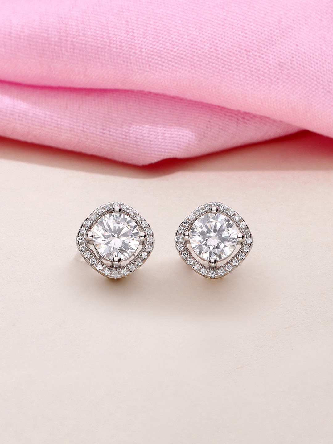 KAI JEWEL 92.5 Sterling Silver Rhodium-Plated CZ-Studded Square Shaped Minimalistic Studs