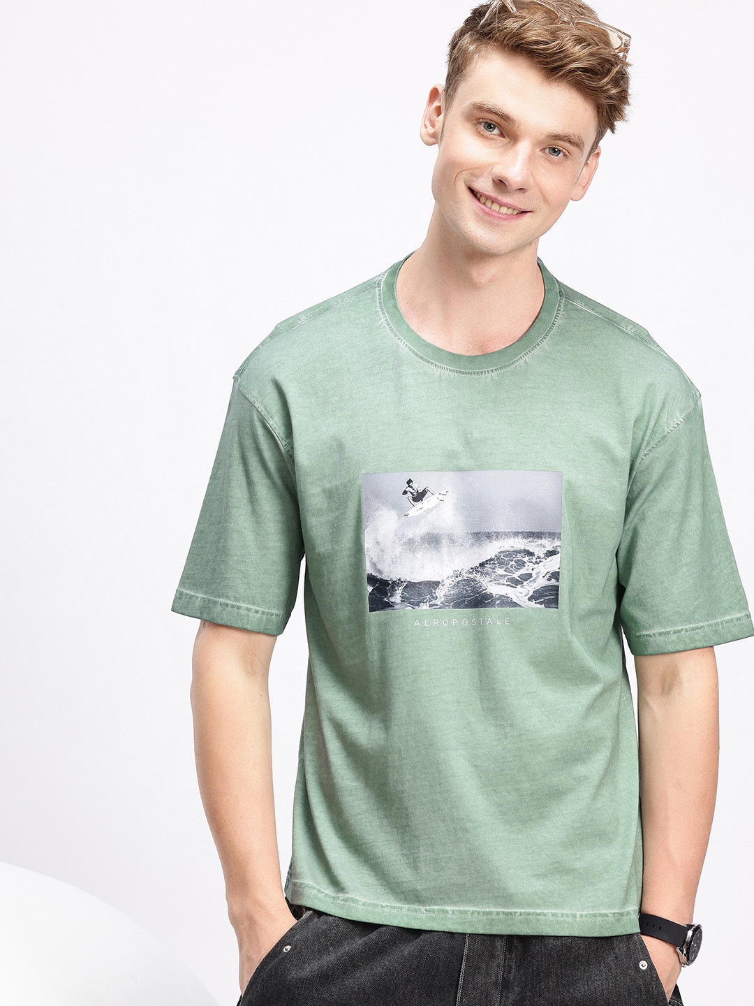 Aeropostale Photographic Printed Drop-Shoulder Sleeves Pure Cotton Relaxed Fit T-shirt