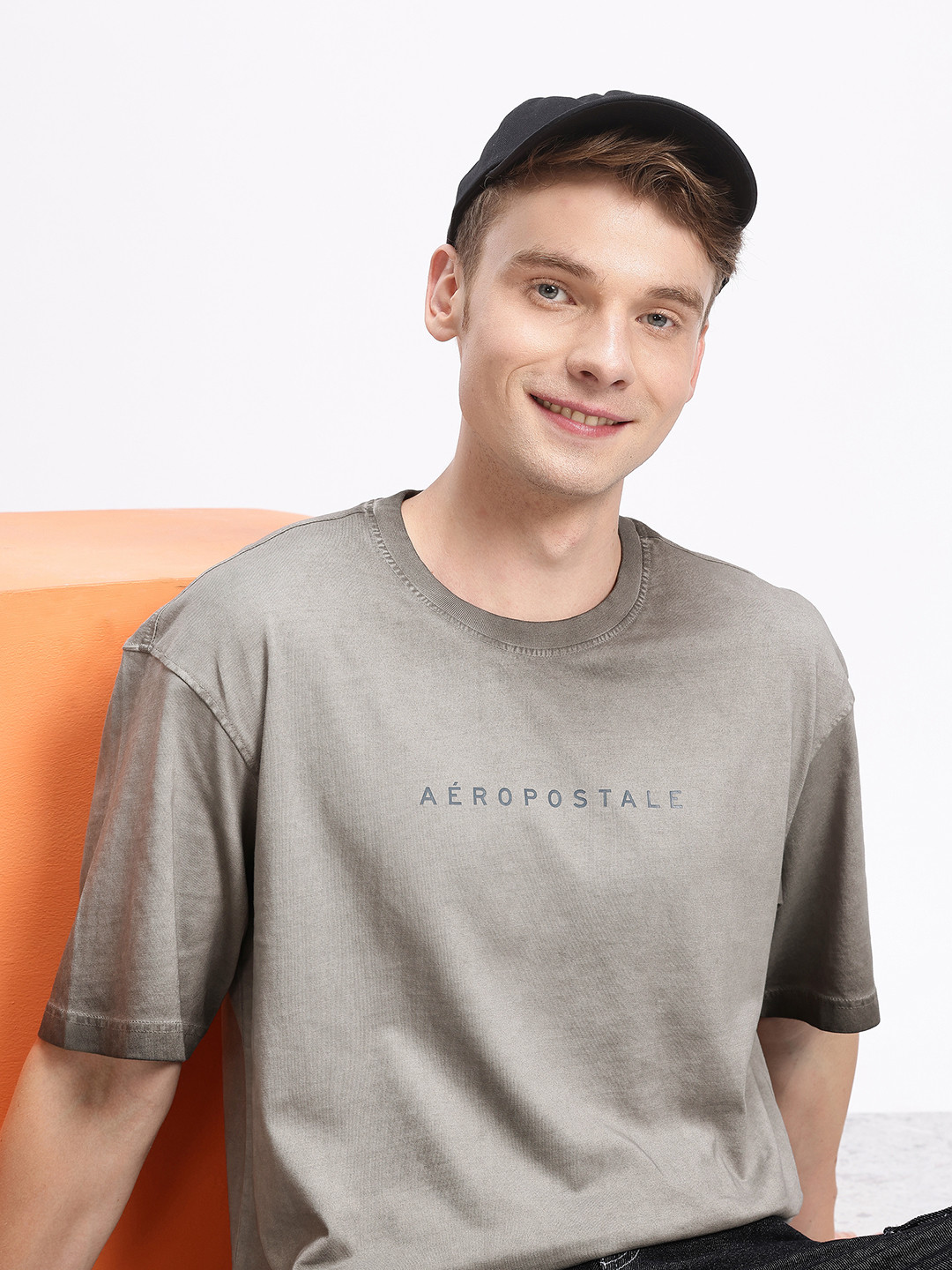 Aeropostale Brand Logo Printed Faded Drop-Shoulder Sleeves Pure Cotton Relaxed T-shirt