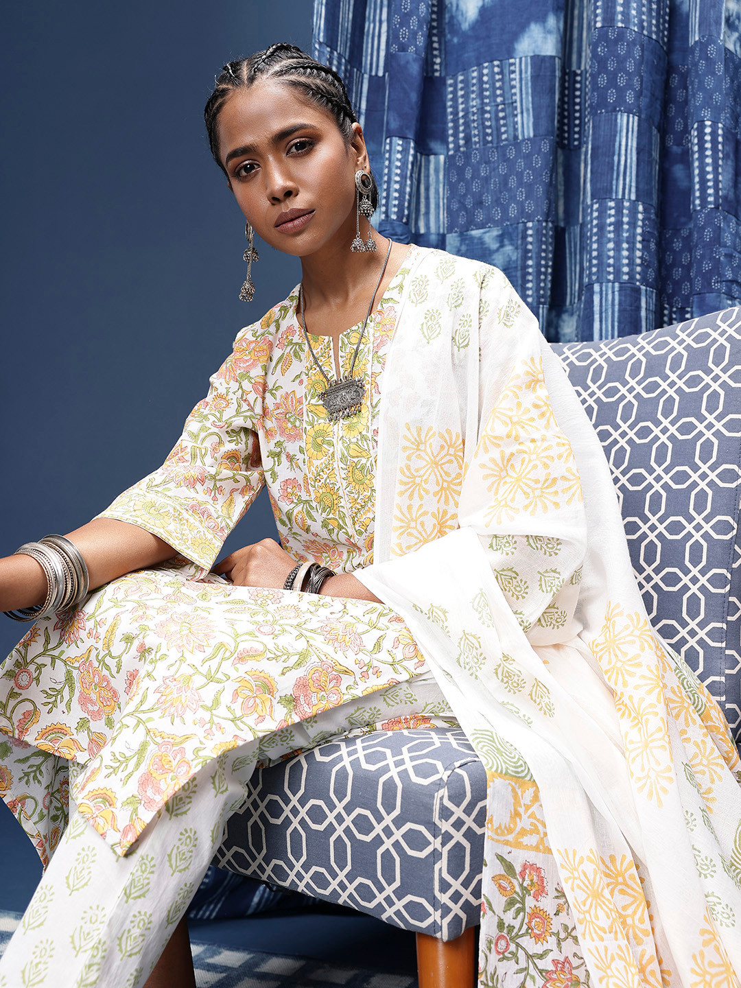 Taavi Floral Printed Pure Cotton Sanganeri Hand Block Kurta with Trousers & Dupatta