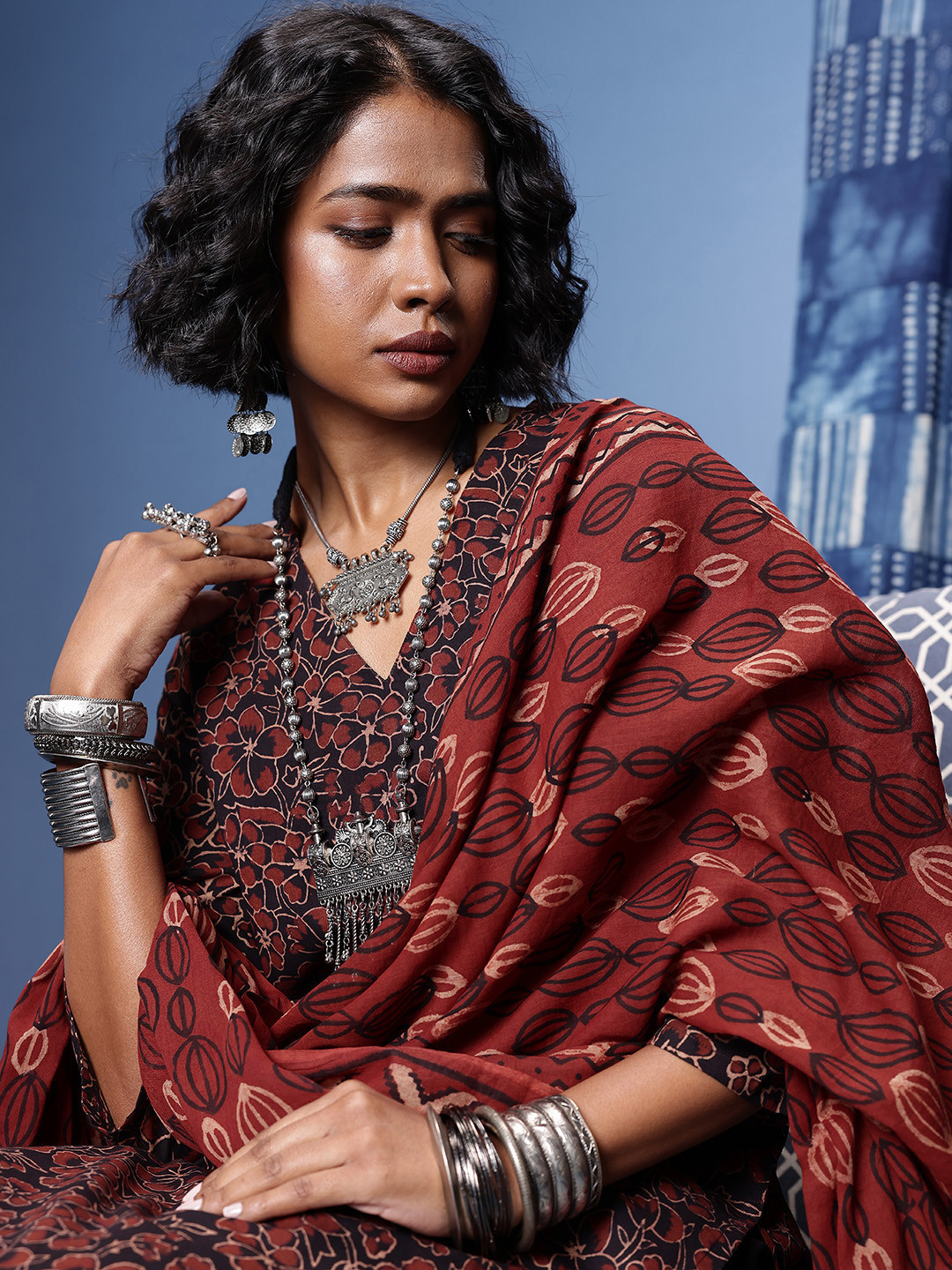 Taavi Ajrakh Floral Printed Regular Kurta With Trousers & With Dupatta