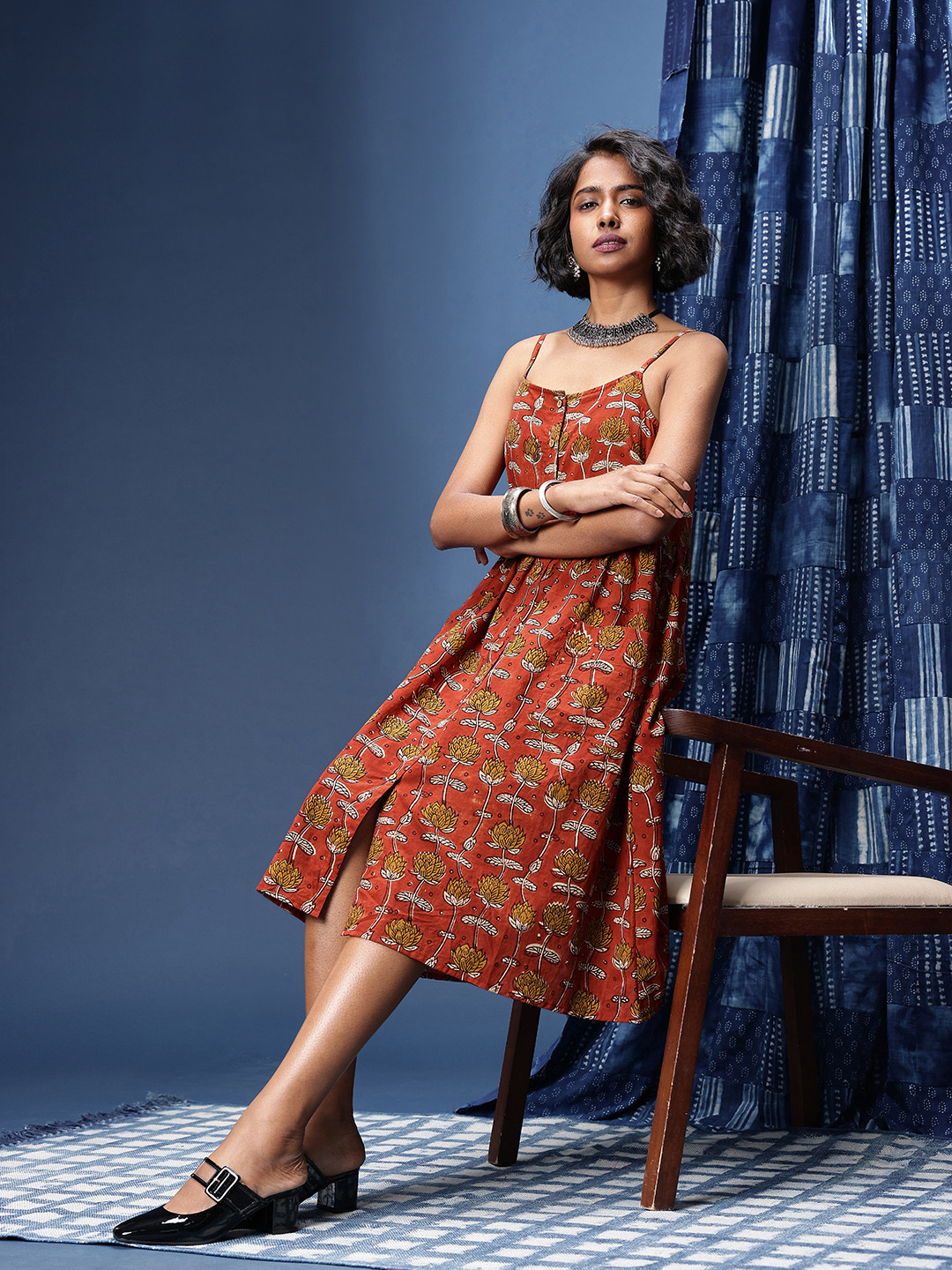 Taavi Indie Floral Print Shoulder Straps Gathers A-Line Block Print Legacy Ethnic Dress