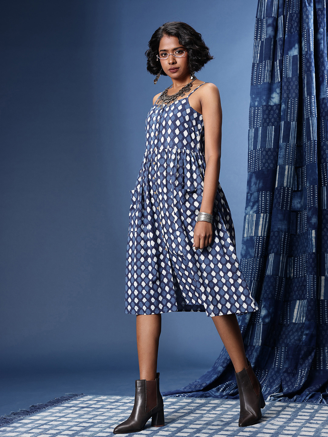 Taavi Block Print Legacy Pure Cotton Printed Gathered Flared A-Line Slit Ethnic Dress