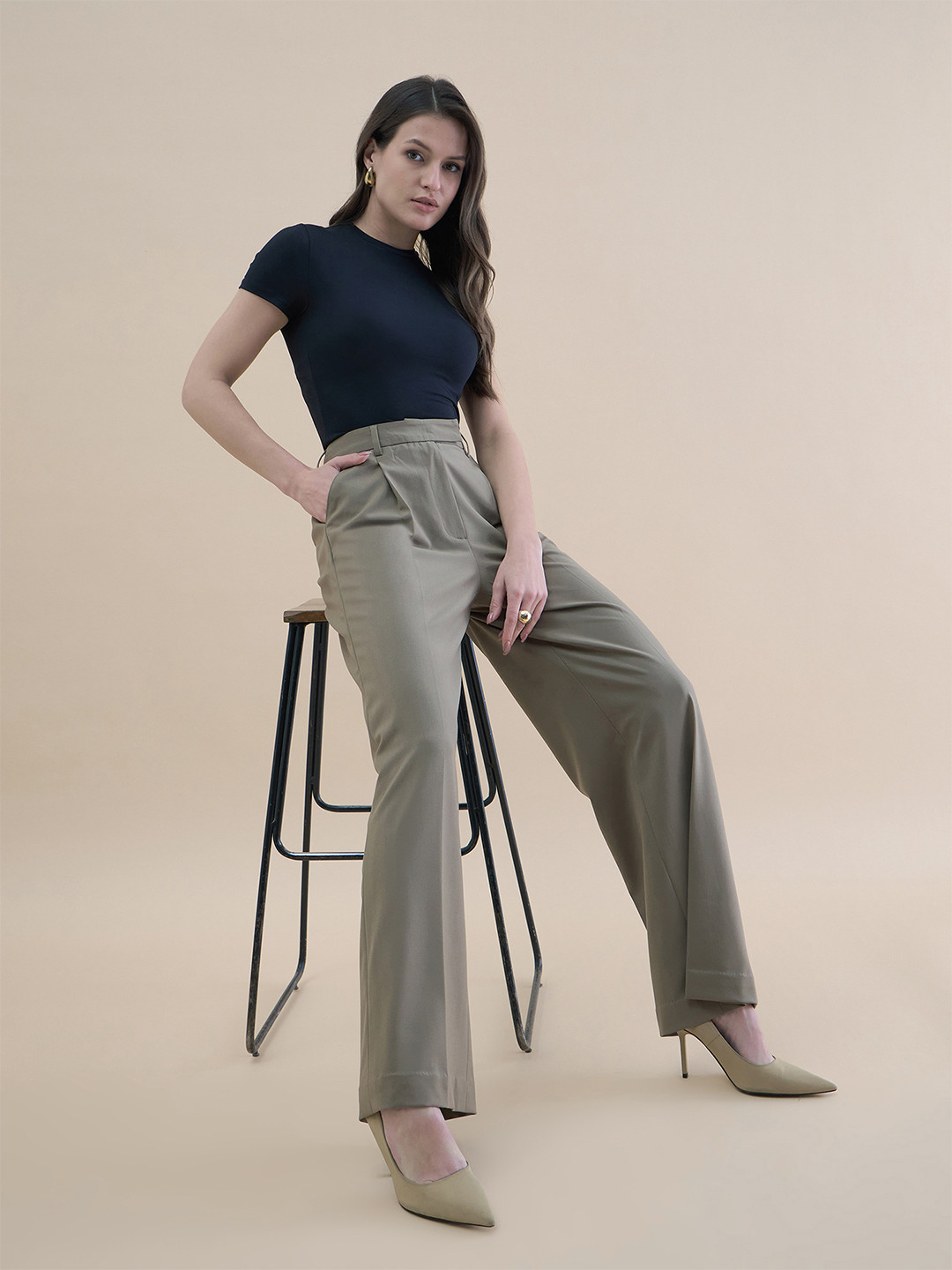 PowerSutra Women High-Waist Pleated Straight Leg Relaxed 4-Way Stretchable Fit Trouser