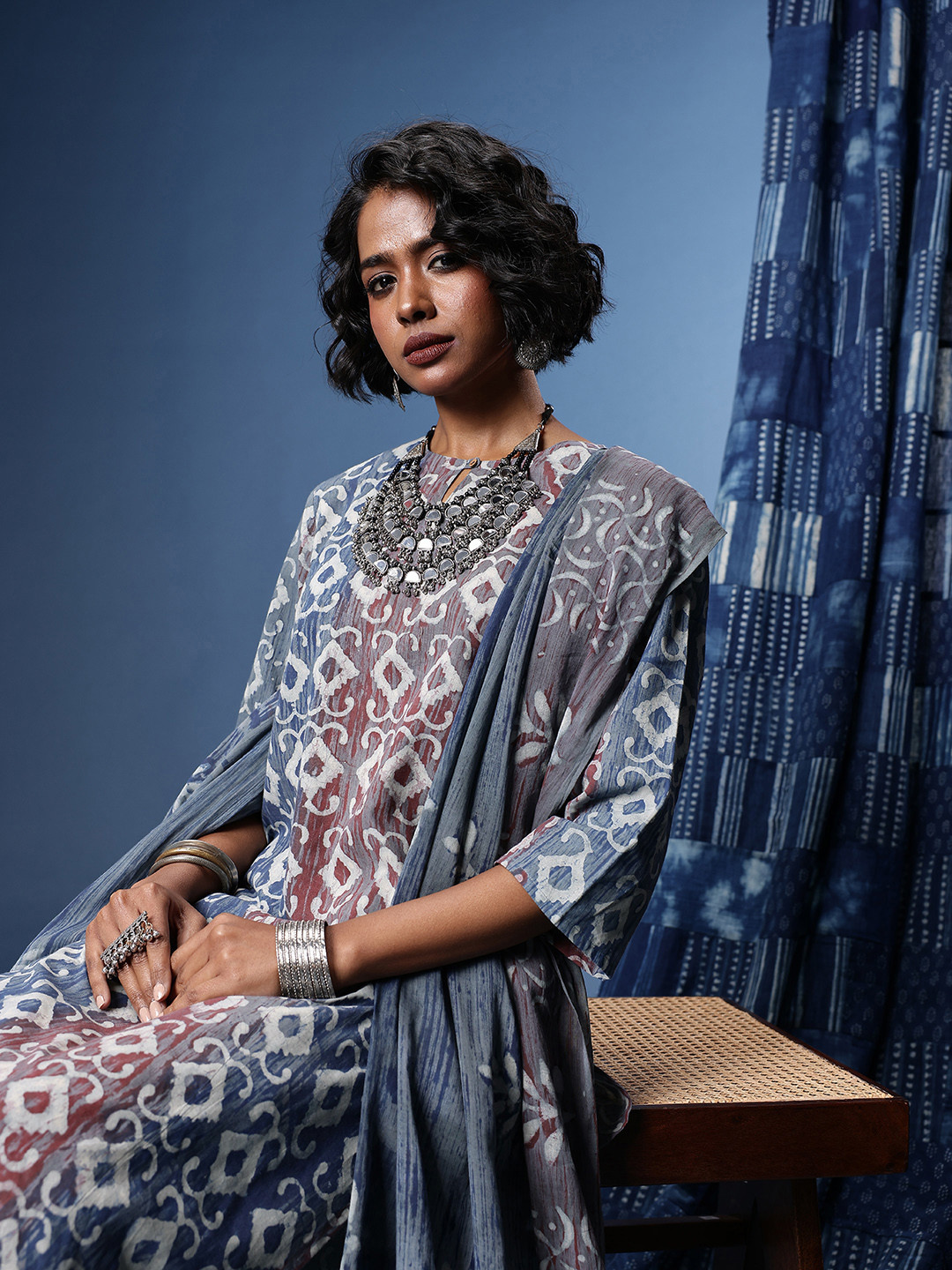 Taavi Indie-Printed Straight Indigo Kurta with Trousers & With Dupatta