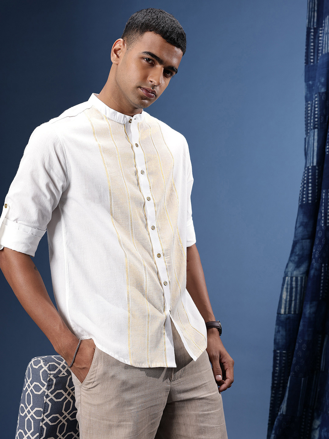 Taavi Pure Cotton Roll-Up Sleeves Textured Woven Legacy Shirt