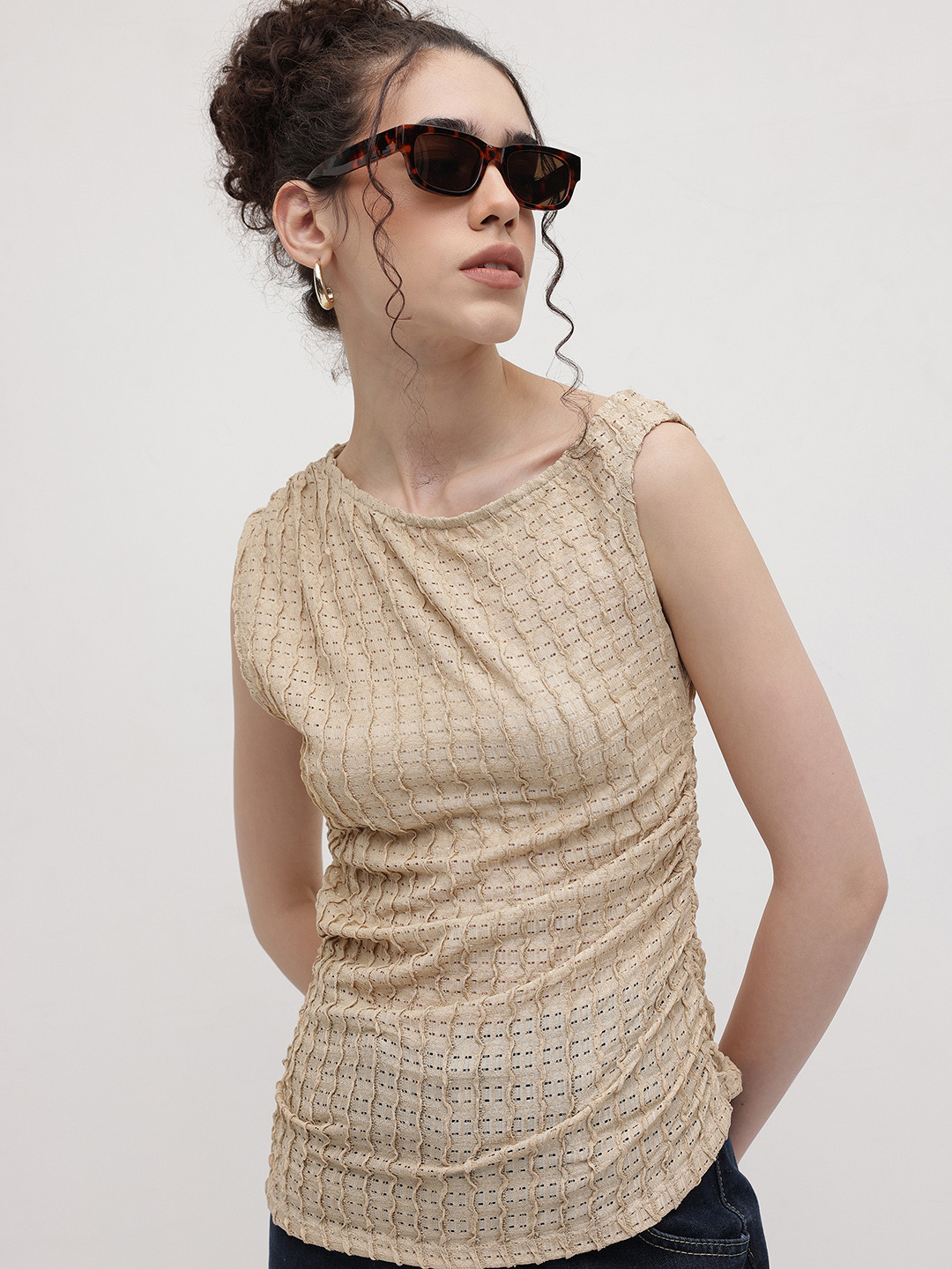 The Roadster Life Co. Textured Open Weave Ruched Top