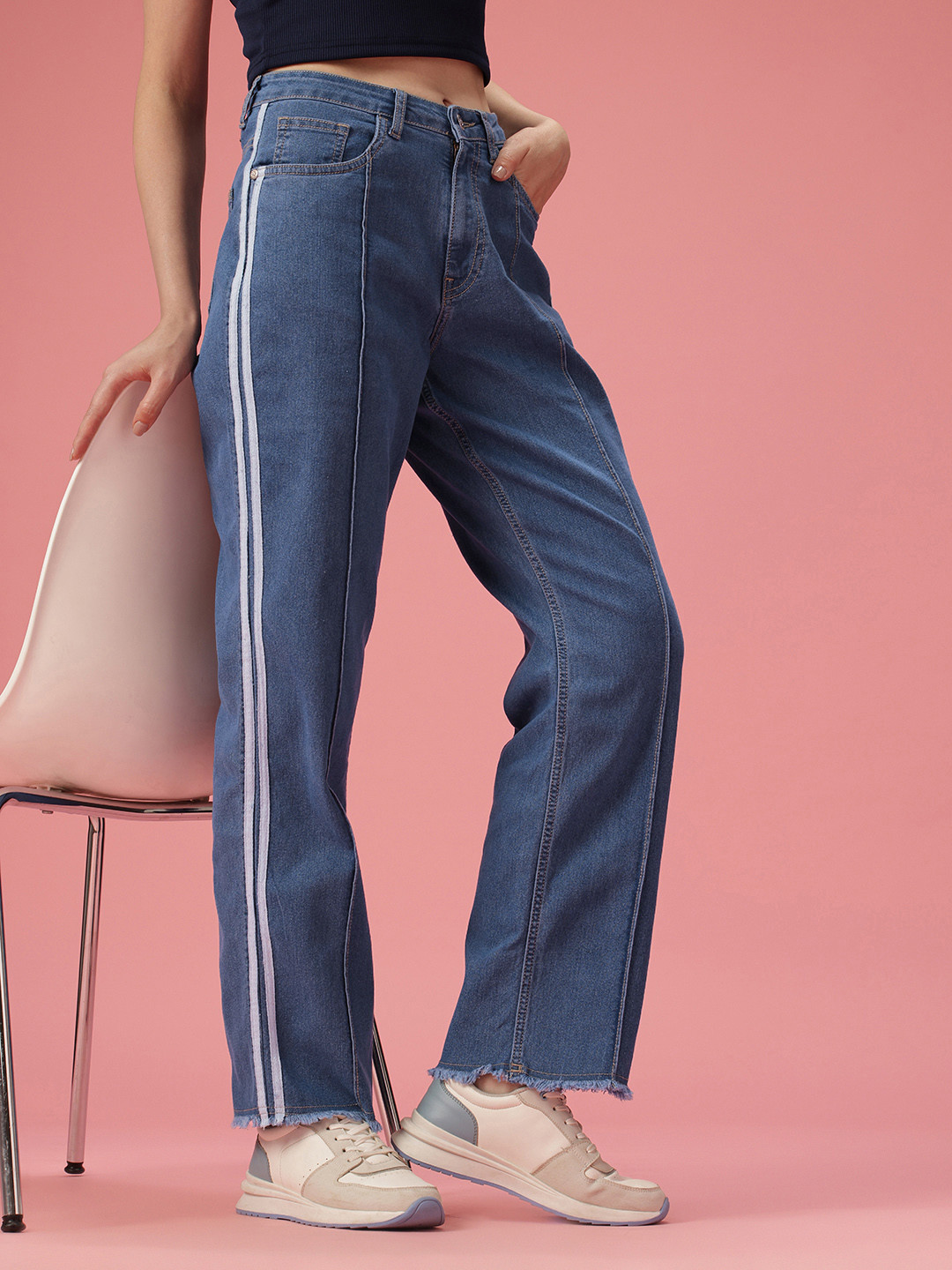 DressBerry Women Dad Fit Panelled Stretchable Jeans with Side Stripes