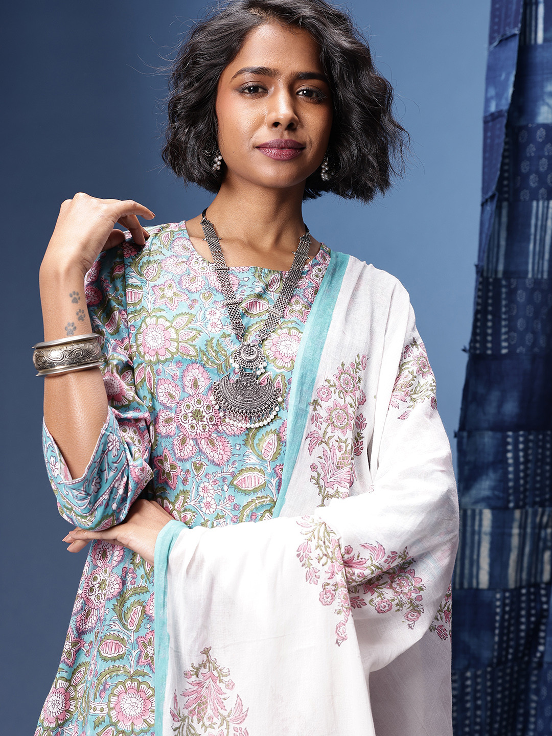 Taavi Indie-Floral Printed Pure Cotton Block Print Legacy Kurta Set
