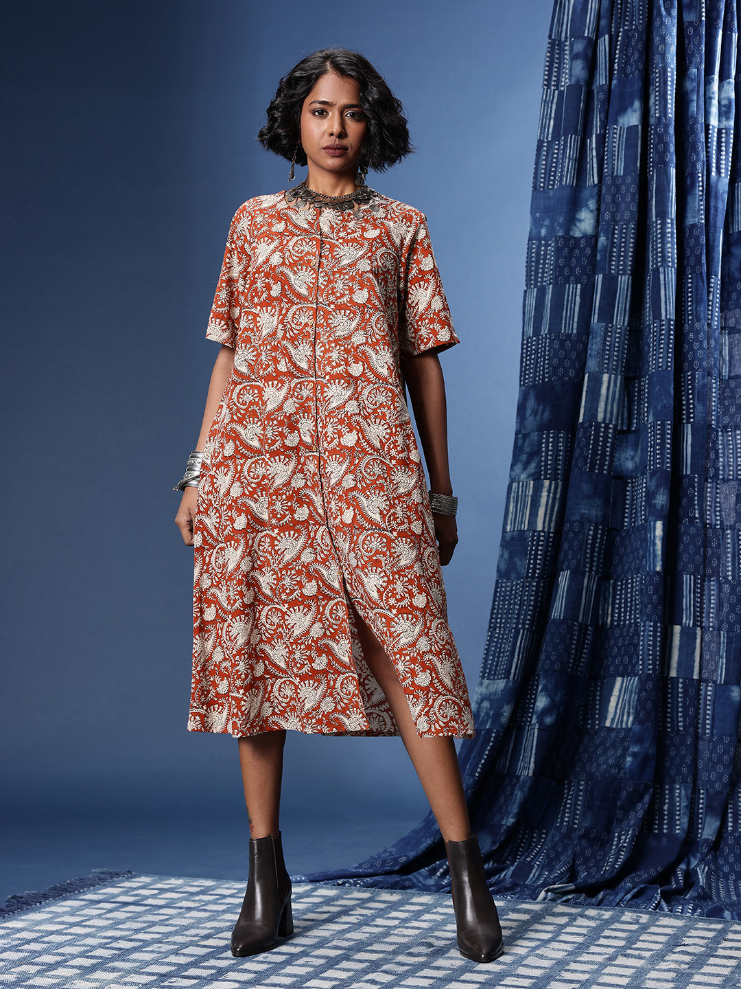 Taavi Block Print Legacy Pure Cotton Ethnic Motifs Printed A-Line Slit Midi Ethnic Dress