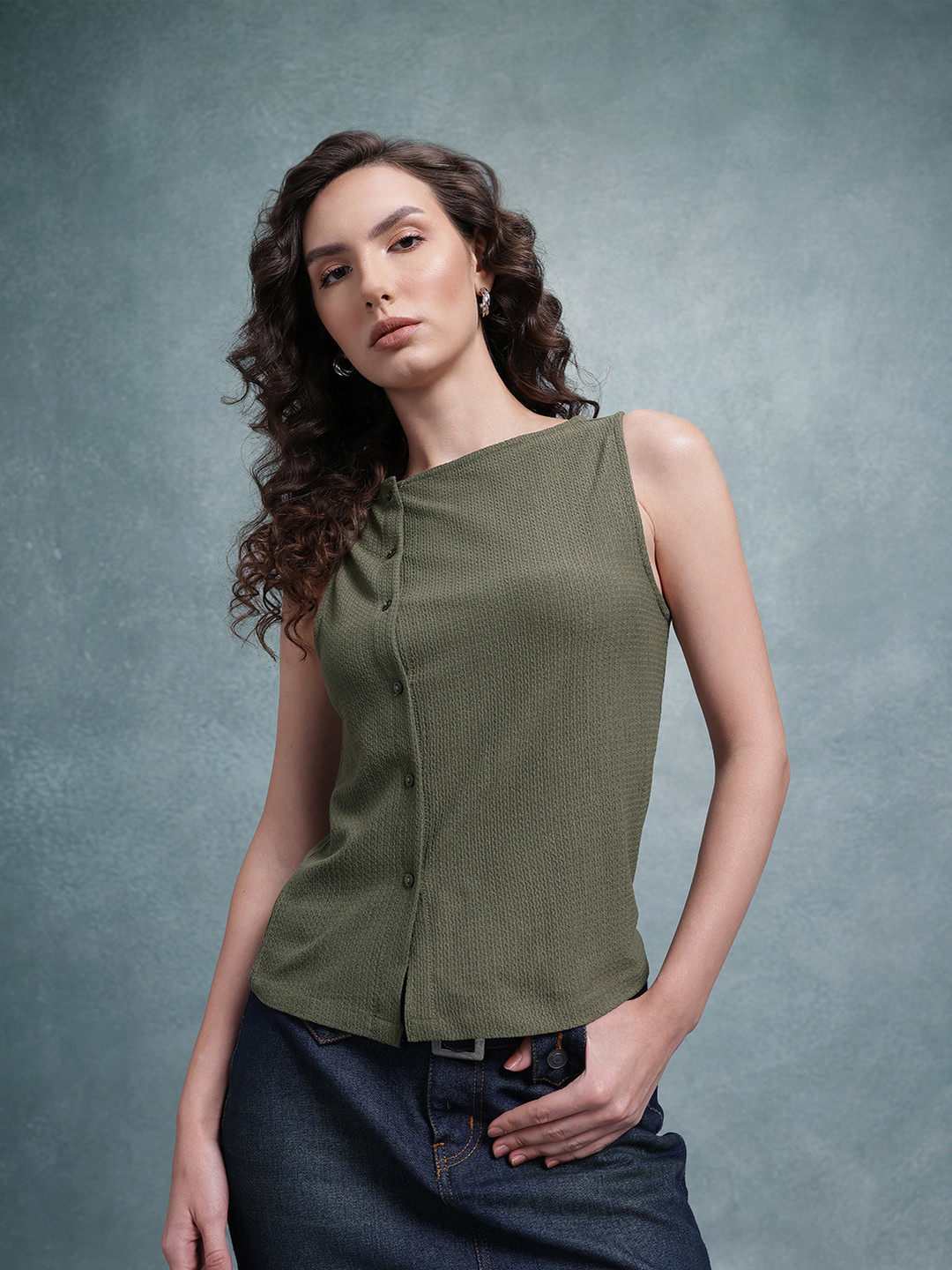 The Roadster Life Co. Self-Design Asymmetric Button Closure Top
