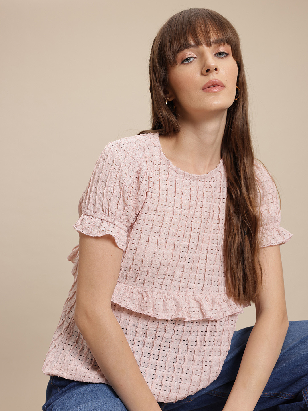 The Roadster Life Co. Open Weave Textured Ruffles Top