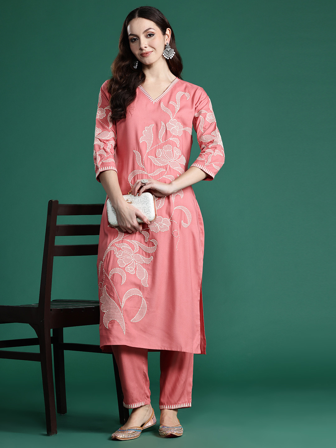 Indo Era Floral Embroidered Sequinned Pure Cotton Kurta with Trousers