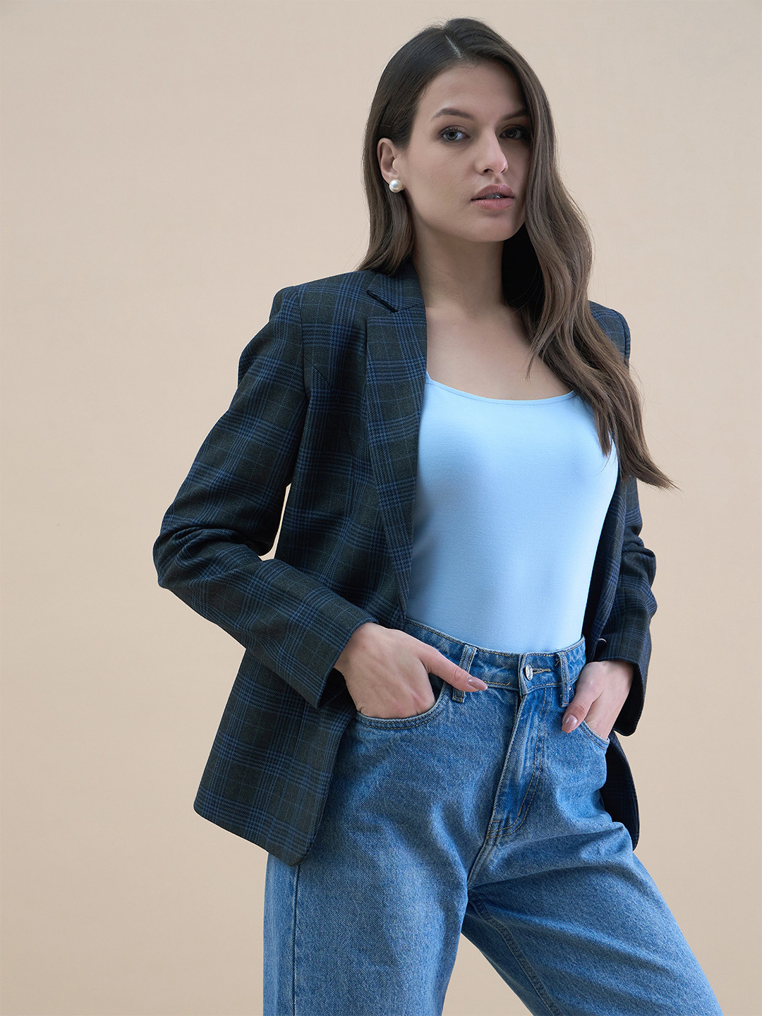 PowerSutra Square Neck Knit Cap Sleeve Solid Ice-Blue Tank Top In Stretch