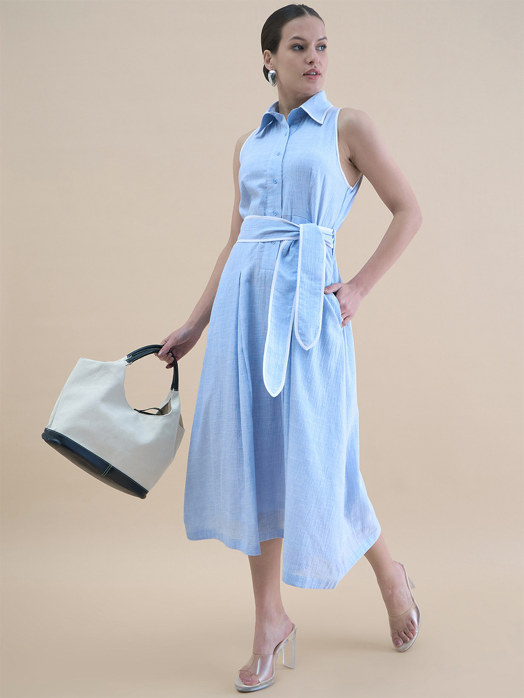 PowerSutra Vintage Style Halter Neck Button-Down Loose Fit In Cotton Blend Pleated Shirt Dress