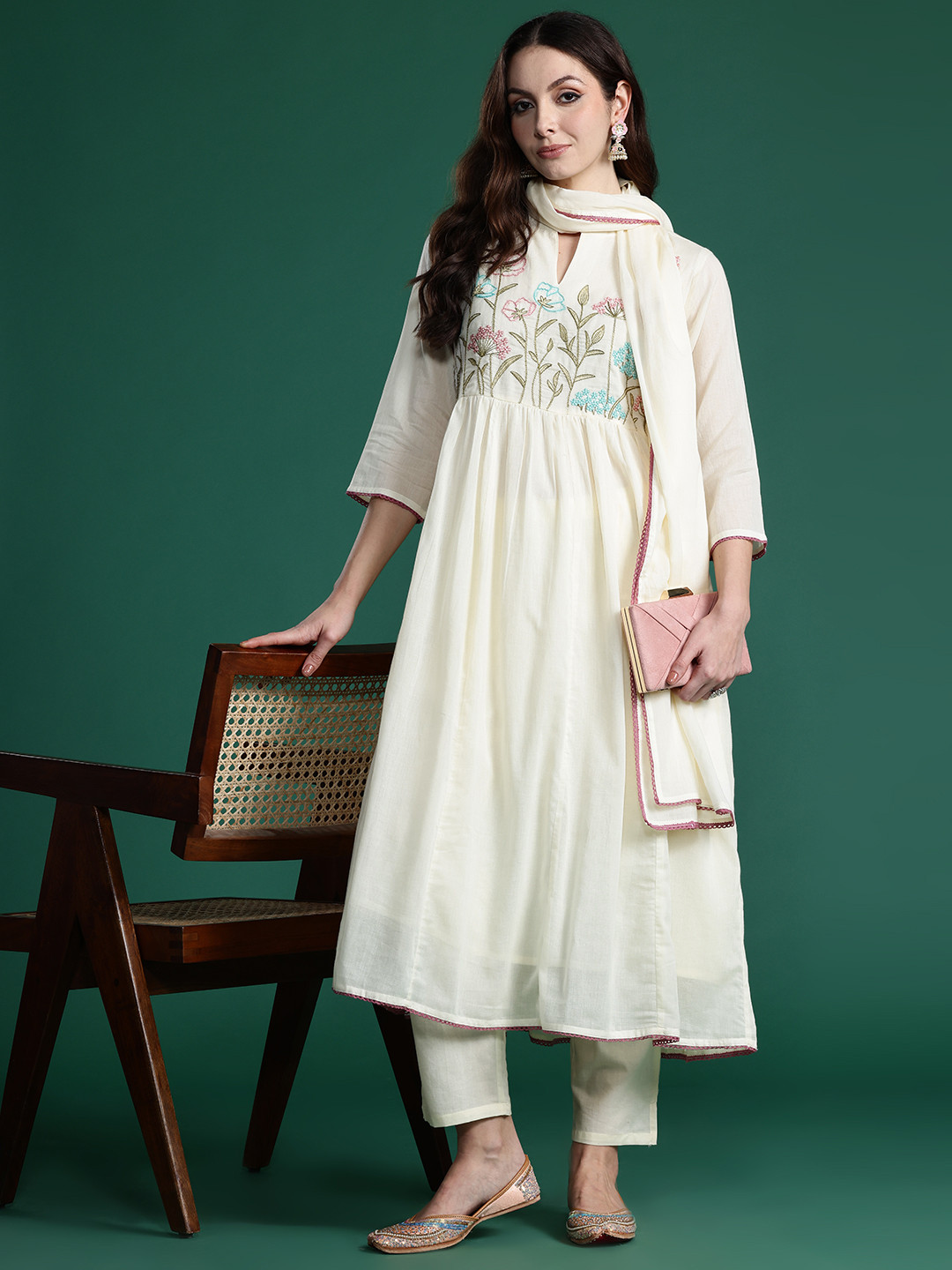 Indo Era Floral Embroidered Empire Thread Work Pure Cotton Kurta with Trousers & Dupatta
