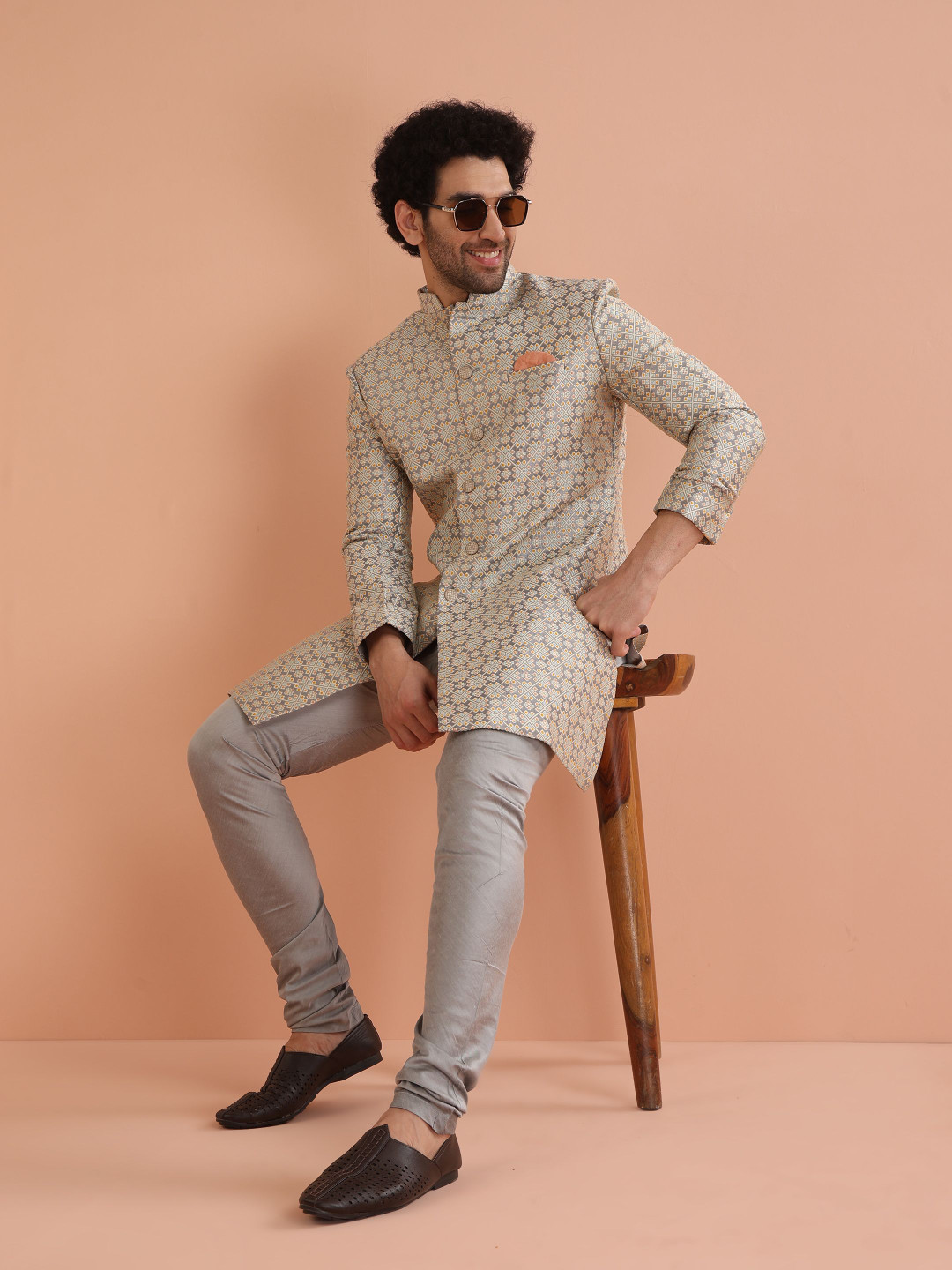 KISAH Grey Geometric Self Design Indowestern Churidar Set Sherwani