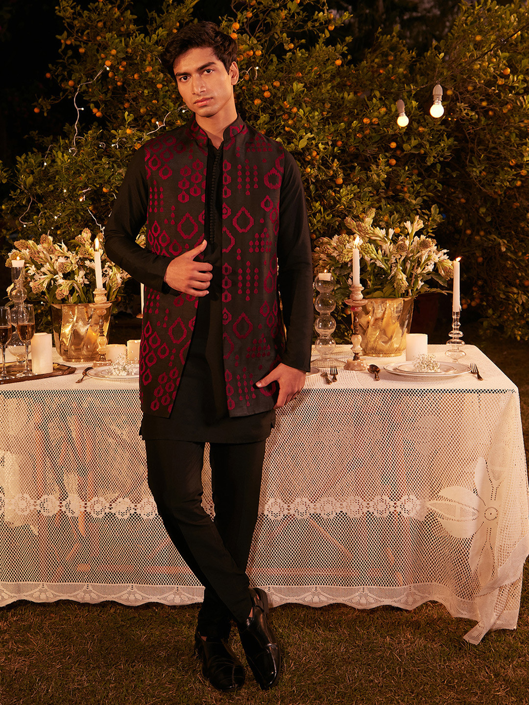 KISAH Mandarin Collar Straight Kurta With Embroidered Thread Work Jacket & Trouser