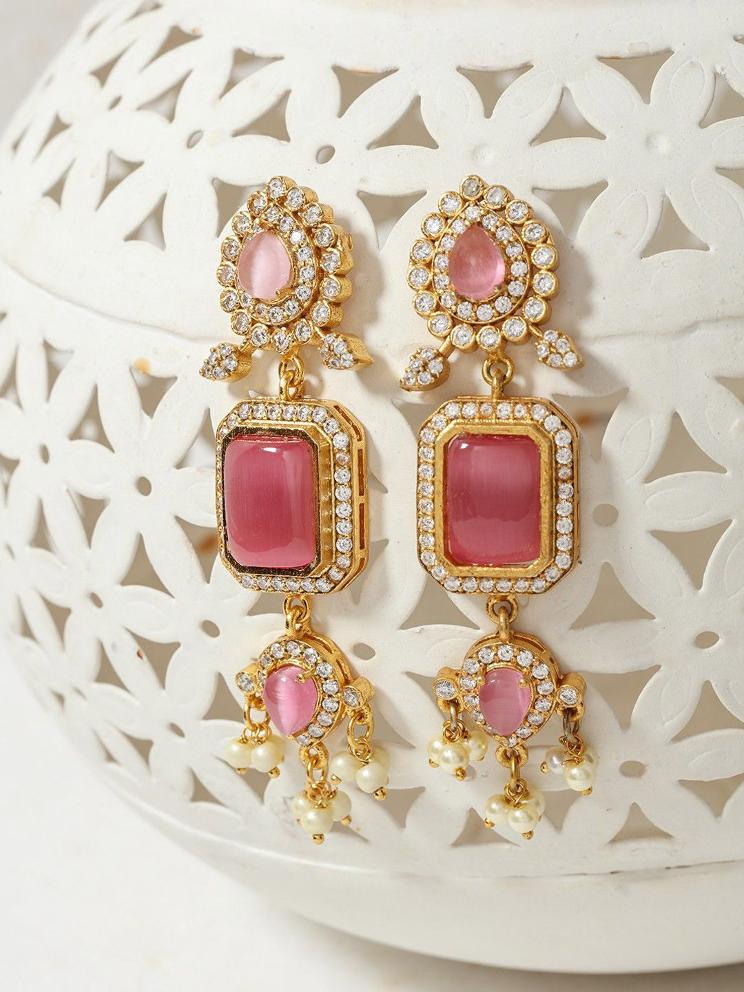 House of Pataudi Kundan Stones Studded Contemporary Shaped Drop Earrings