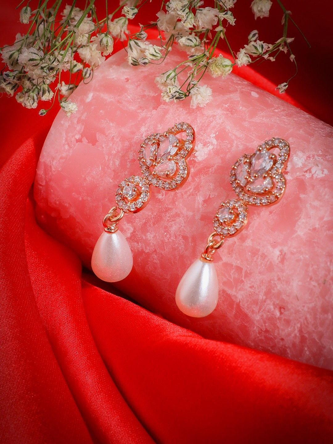 House of Pataudi Rose Gold Plated American Diamond Studded Contemporary Drop Earrings