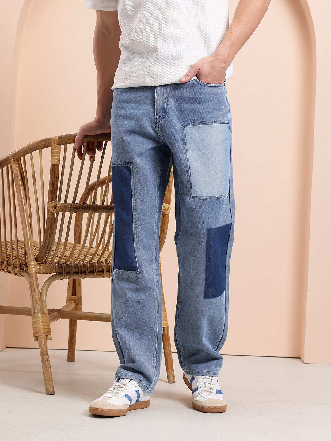 Mast & Harbour Men Washed Patches Straight Fit Mid-Rise Light Fade Jeans